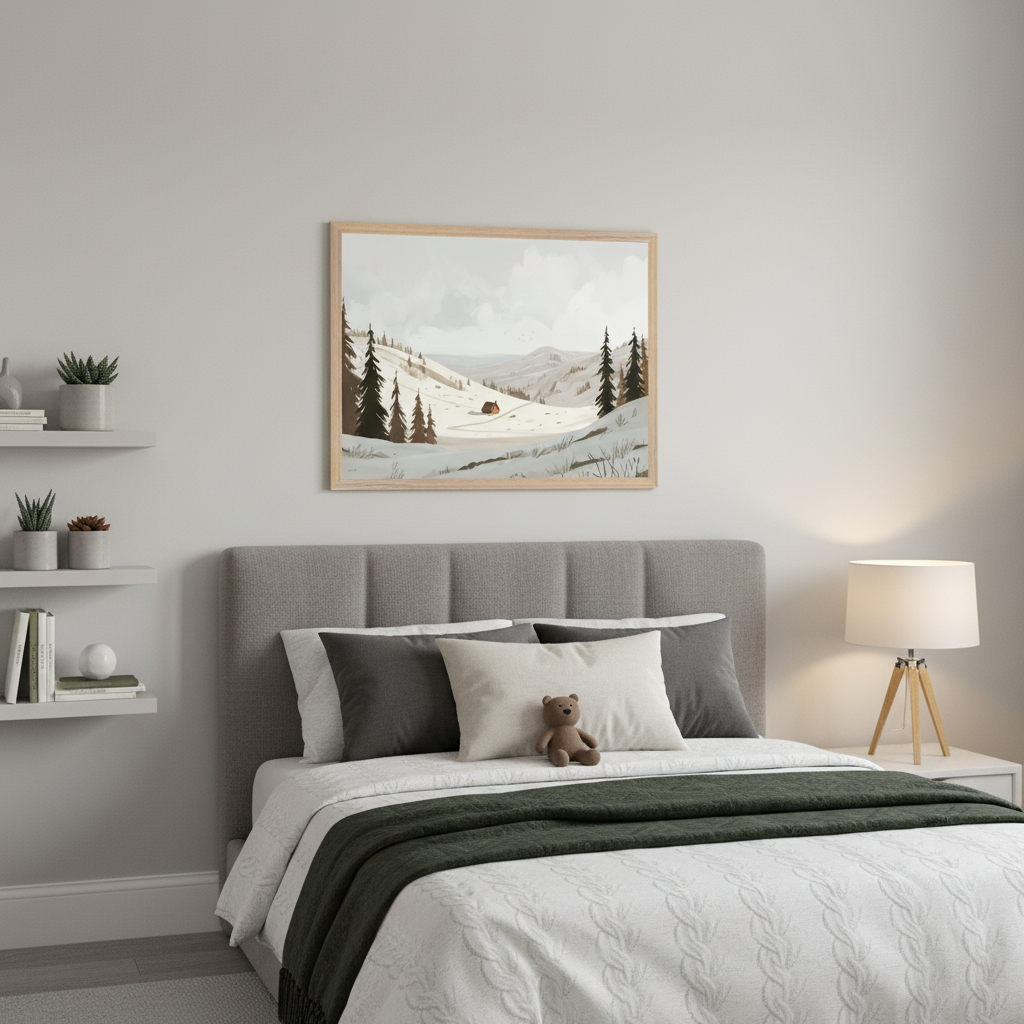 Modern bedroom with a gray upholstered bed. A large framed print depicting a snow-covered winter landscape with pine trees and a small cabin hangs centered above the bed. Floating shelves with plants are on the left.