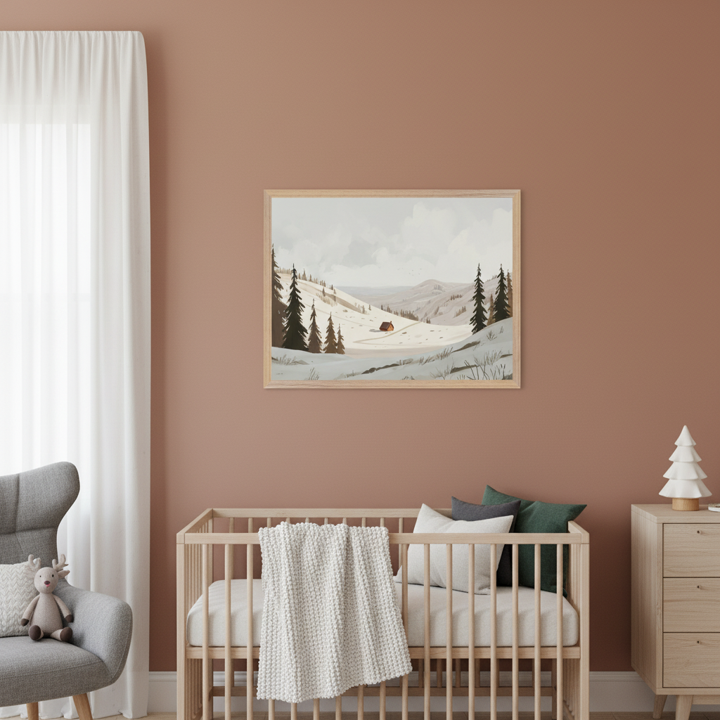 Modern nursery with terracotta walls. A light wood crib, dresser, and gray armchair are visible. Centered above the crib, a framed print shows a minimalist snowy mountain landscape with pine trees and a red cabin.