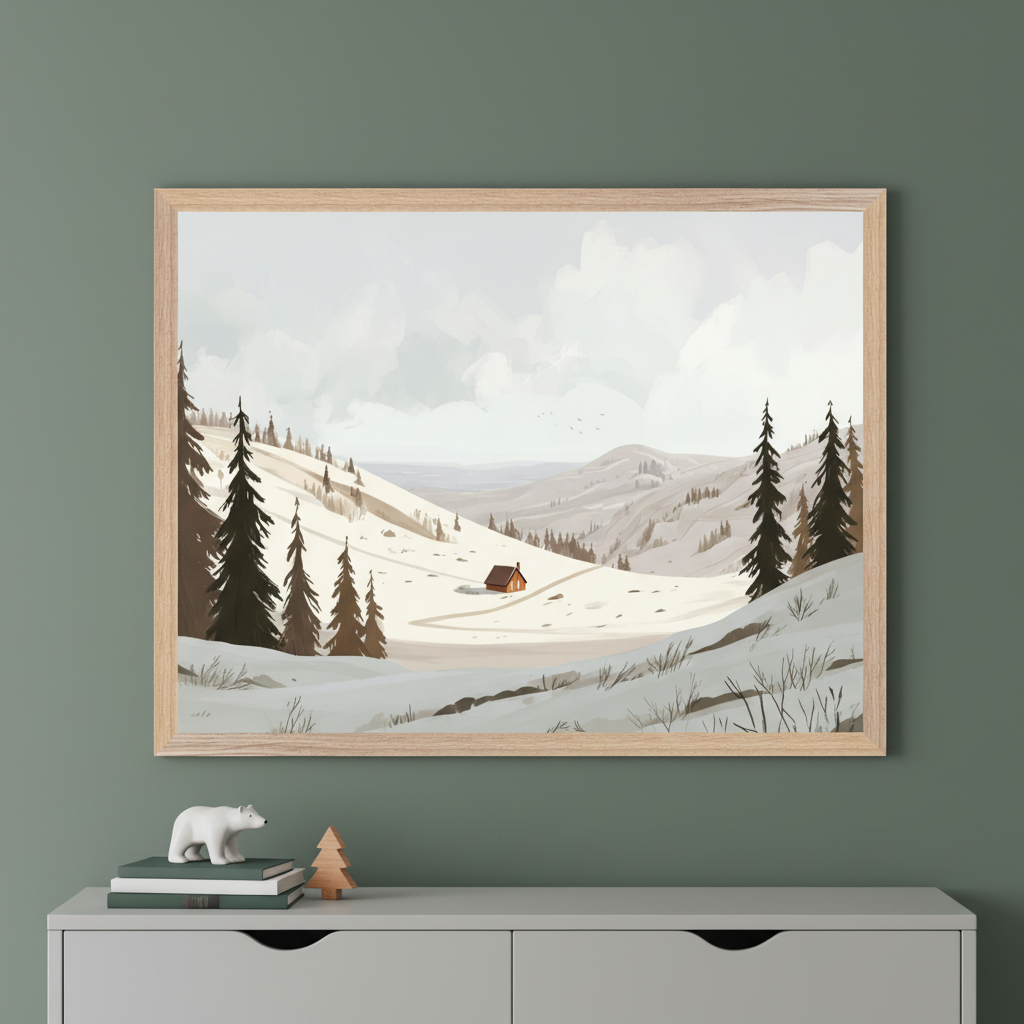 Framed artwork depicting a cozy cabin in a snowy mountain landscape, surrounded by evergreen trees under a cloudy sky. The illustration is styled with soft, muted colors and hangs on a green wall above a dresser decorated with a polar bear figurine, stacked books, and a small wooden tree.