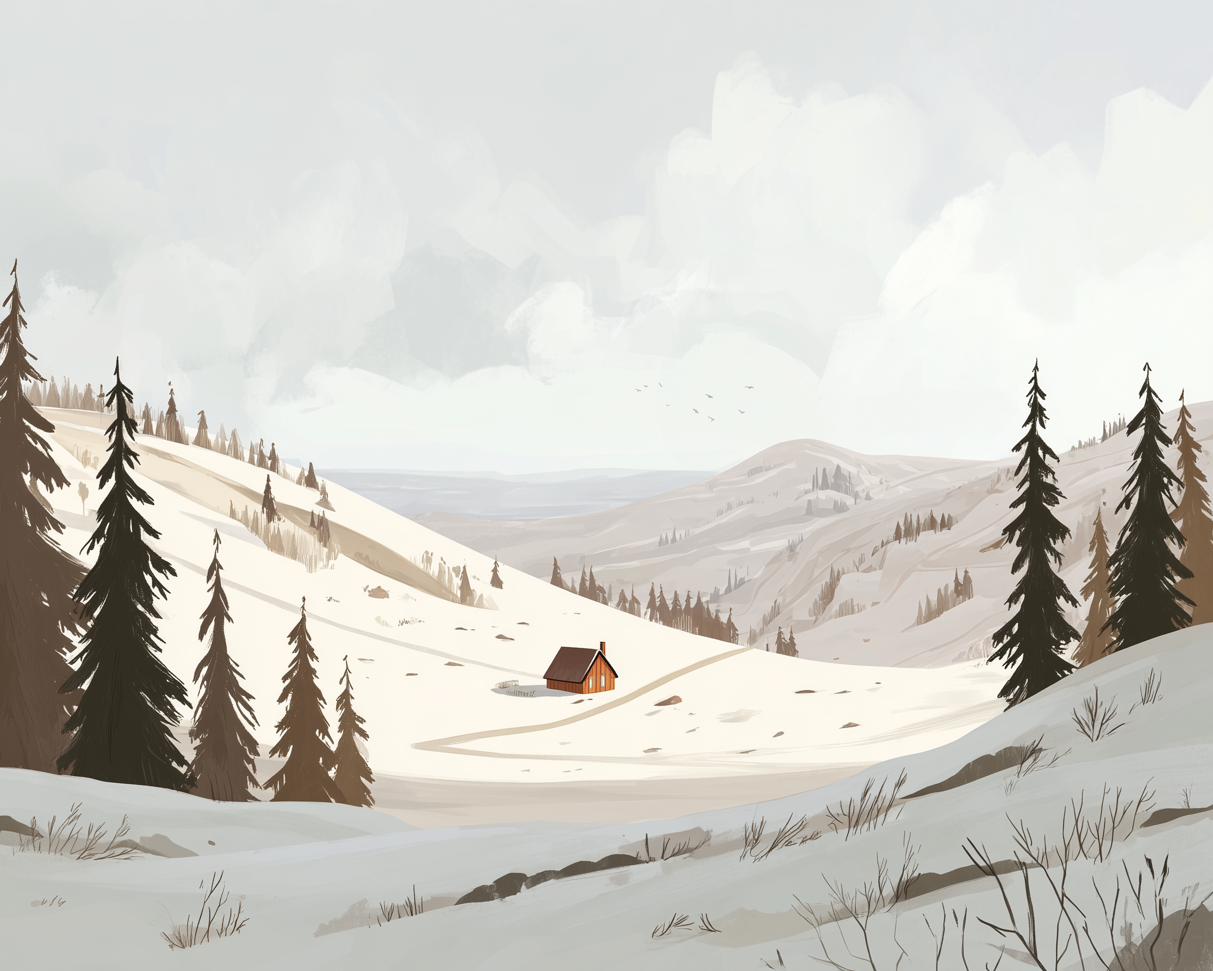 Wanderwood Cabin Wall Art for Nursery, Playroom or Kids Bedrooms - Snowy Mountain Landscape Scene - Silent Hills