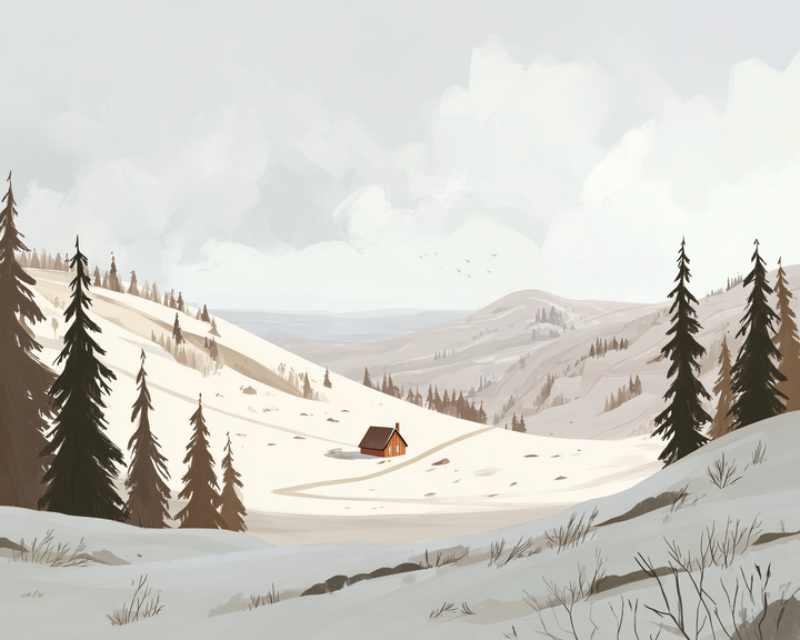 Framed artwork depicting a cozy cabin in a snowy mountain landscape, surrounded by evergreen trees under a cloudy sky. The illustration is styled with soft, muted colors and hangs on a green wall above a dresser decorated with a polar bear figurine, stacked books, and a small wooden tree.