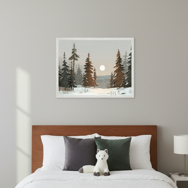 Bedroom with a bed, wooden headboard, white bedding, and a white stuffed fox. A framed artwork of a stylized winter forest with pine trees, snow, and a full moon hangs centered above the bed.