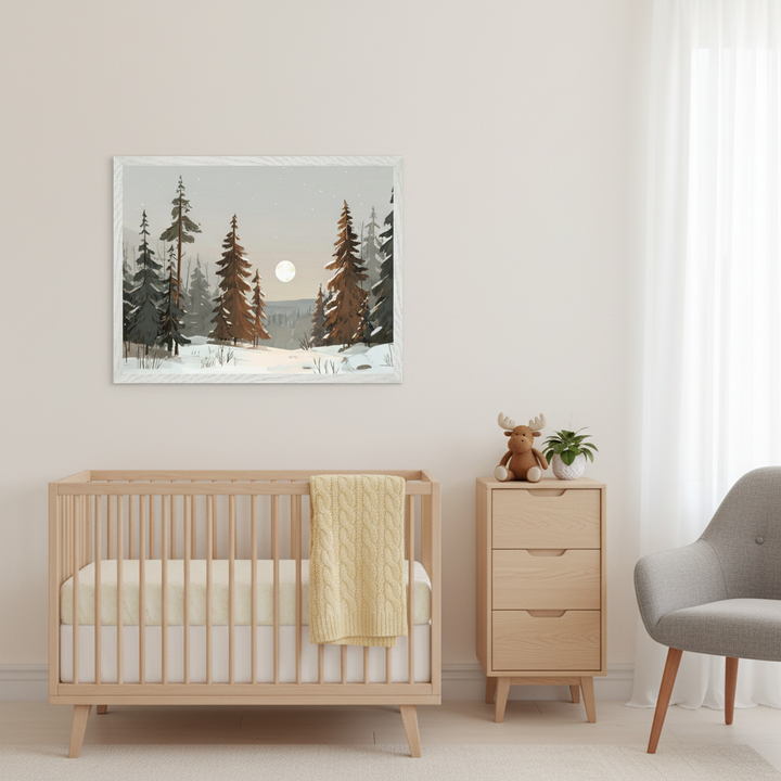 Modern nursery with a wooden crib, dresser, and gray armchair. A framed illustration of a winter forest with snow and a full moon hangs above the crib.