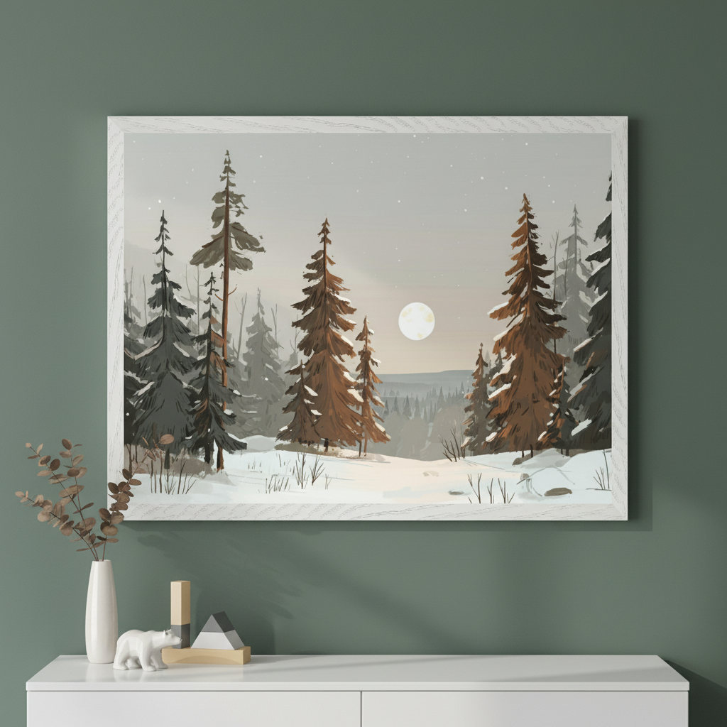 Modern room with a white dresser against a green wall. A large white-framed stylized painting of a snowy winter forest at night with a full moon hangs centered above the dresser. A vase and small sculptures are on the dresser.