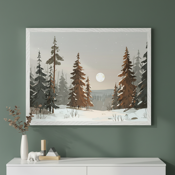 Modern room with a white dresser against a green wall. A large white-framed stylized painting of a snowy winter forest at night with a full moon hangs centered above the dresser. A vase and small sculptures are on the dresser.