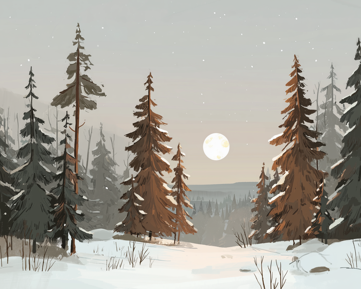 A serene winter landscape features tall evergreen trees dusted with snow, set against a soft, pastel sky. The full moon glows brightly, casting gentle light over the snowy ground and distant hills.
