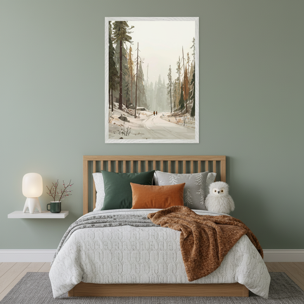 Modern bedroom with a light wood bed and white floating shelf. A vertical framed painterly artwork of a snowy winter forest scene with a winding road and two figures hangs centered above the bed.