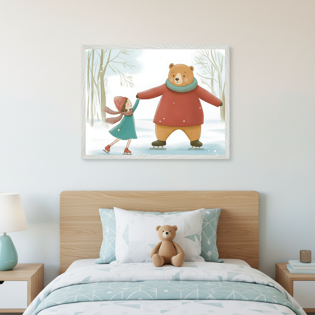 Modern kid's bedroom with a wooden bed and two nightstands. A framed illustration of a small girl and a large brown bear ice skating, holding hands, in a snowy winter landscape hangs centered above the bed. A teddy bear is on the bed.