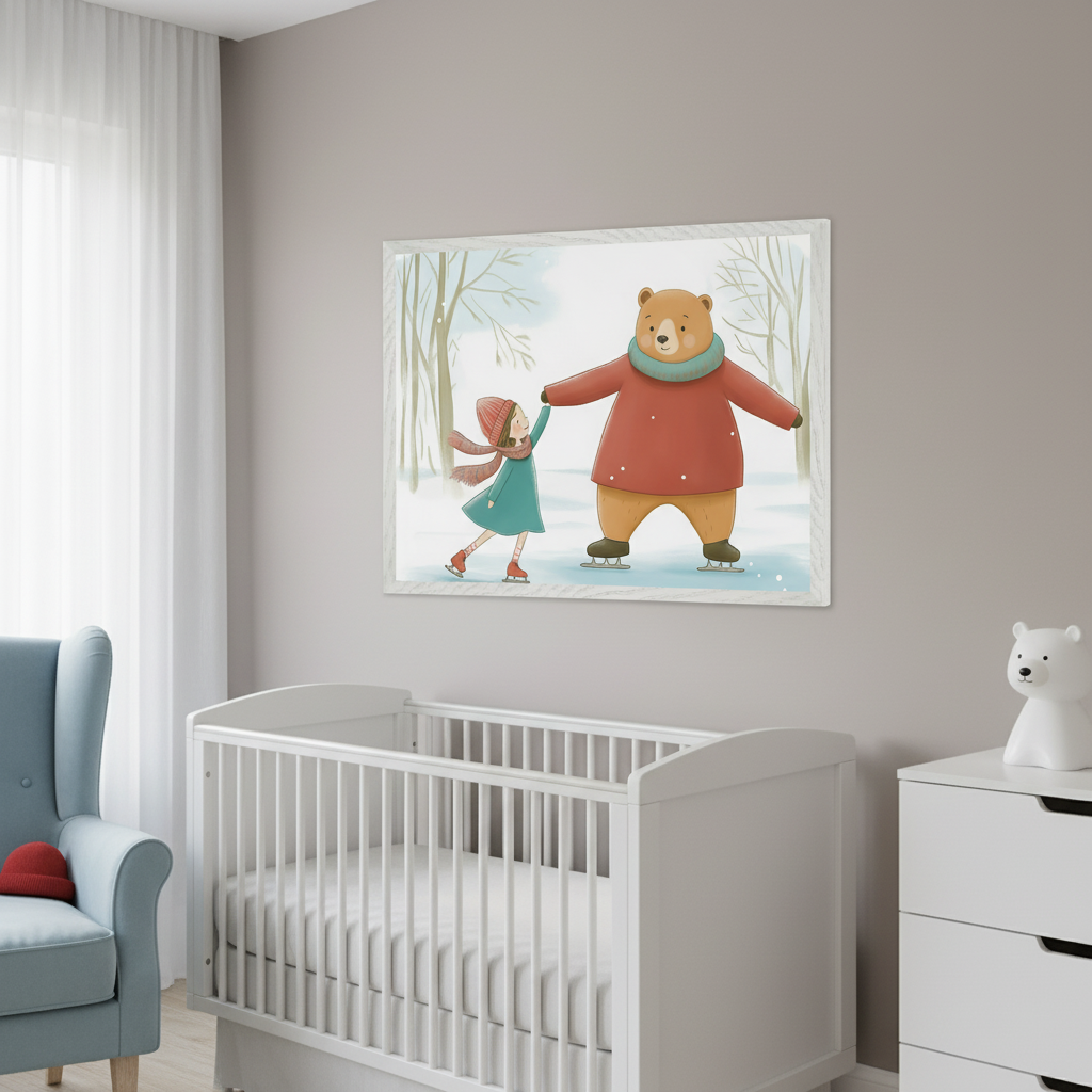 Modern nursery with a white crib, blue armchair, and white dresser. A large framed illustration of a girl holding hands with a bear, both ice skating in a snowy forest, hangs above the crib.