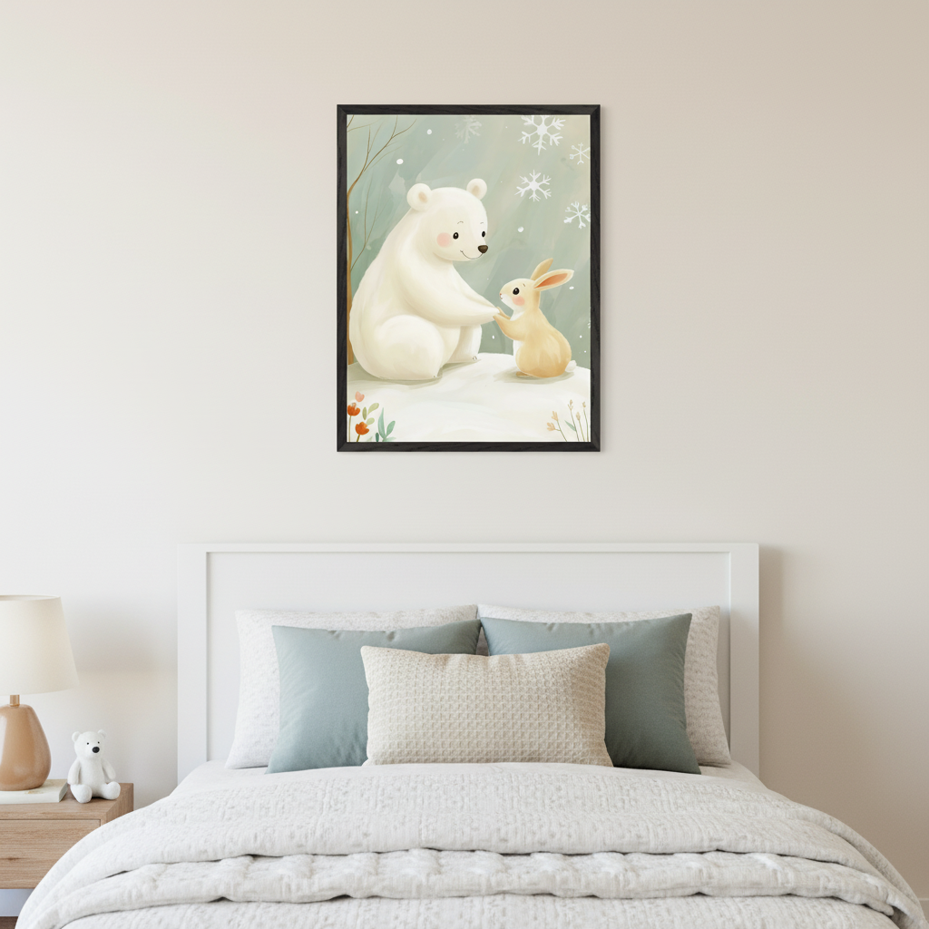Kid's bedroom with a white bed. A framed watercolor art print of a polar bear and a rabbit in a snowy scene hangs centered above the bed. A nightstand with a lamp and a small white teddy bear is beside the bed.