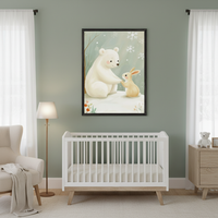 Modern nursery with sage green walls. A large framed watercolor-style print of a white polar bear and a brown rabbit in a snowy scene hangs centered above a white and wood crib. An armchair and wood dresser are also visible.