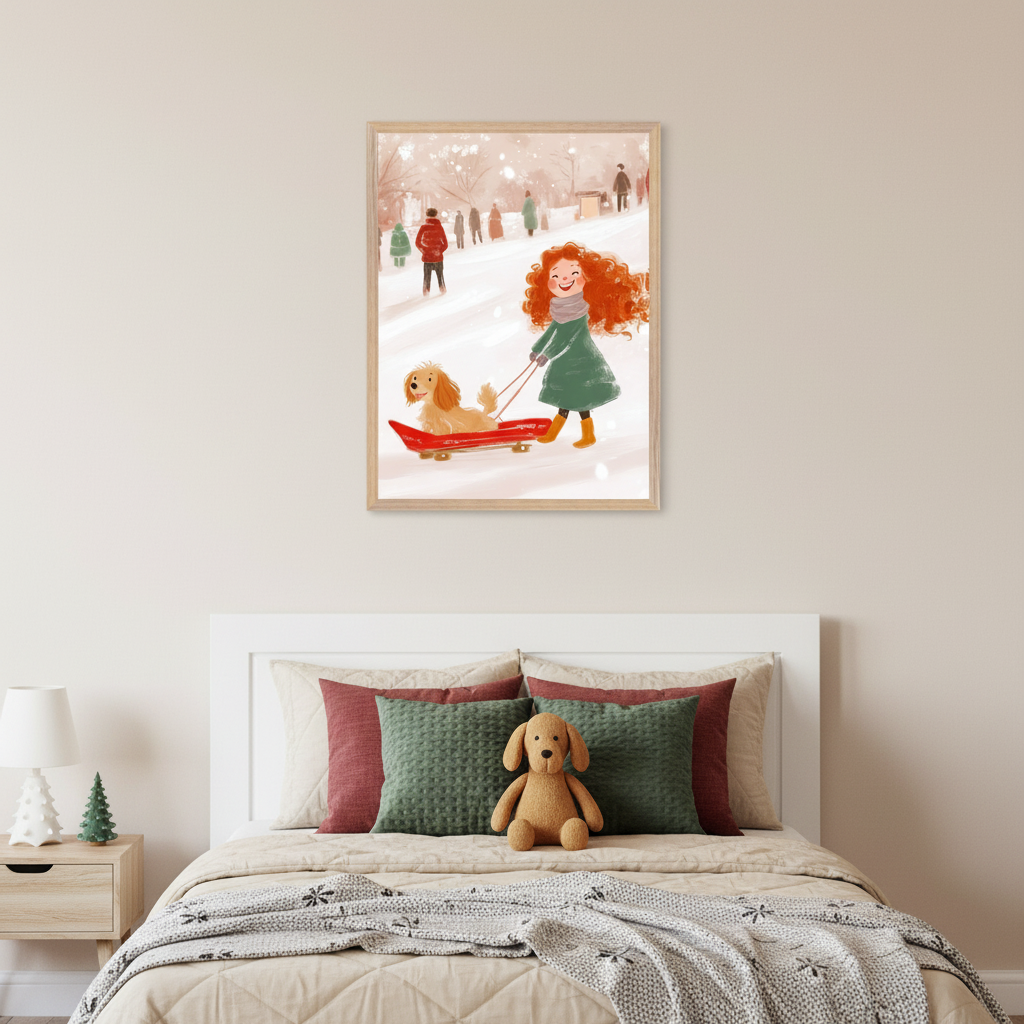 Kid's bedroom with a white headboard and bed. A large framed illustration of a red-haired girl pulling a dog on a red sled in a snowy park hangs above the bed.