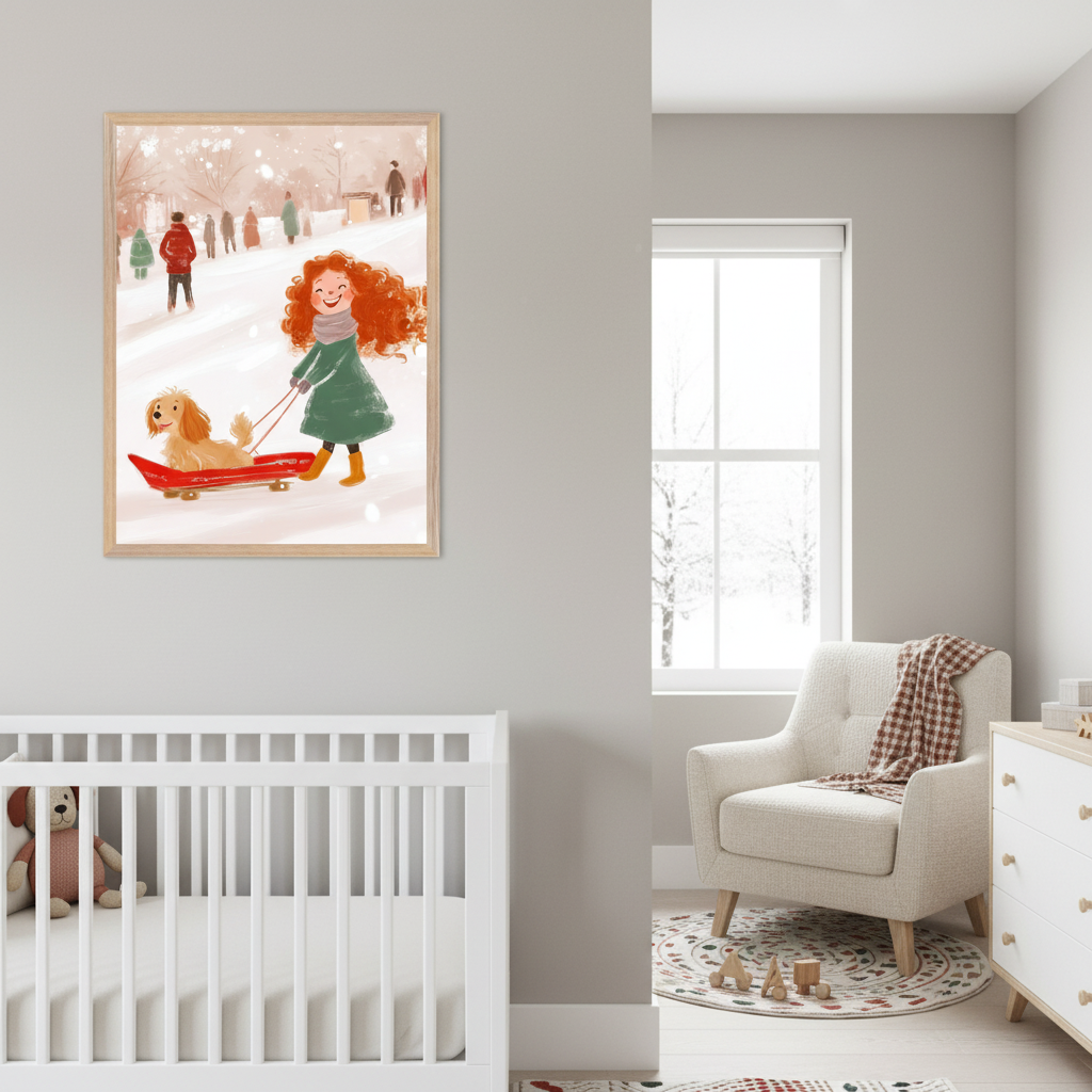Modern nursery with a white crib and cream armchair. A framed illustration of a happy red-haired girl pulling a dog on a red sled through a snowy park hangs on the left wall above the crib.