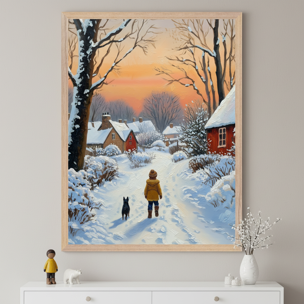 Framed winter painting of a child in a yellow coat and knit hat walking with a black dog down a snowy village path at sunset, with snow-covered trees and red cottages in the background. The artwork hangs on a beige wall above a white cabinet decorated with small figurines and a white vase.