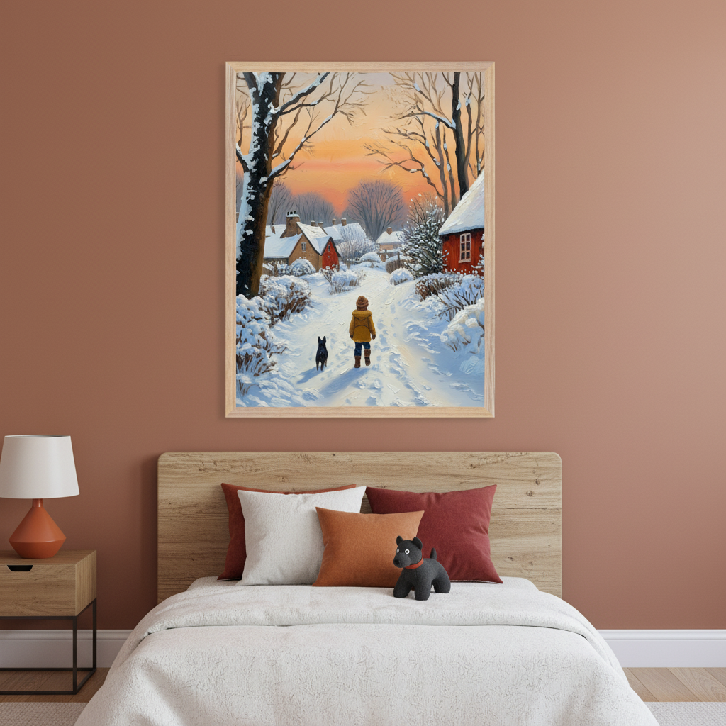 Winter-themed painting of a child and a dog walking through a snowy village at sunset, framed and hung above a bed with white and rust-colored pillows. The bedroom has a warm terracotta wall and wooden furniture, creating a cozy, rustic feel.