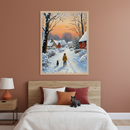 Winter-themed painting of a child and a dog walking through a snowy village at sunset, framed and hung above a bed with white and rust-colored pillows. The bedroom has a warm terracotta wall and wooden furniture, creating a cozy, rustic feel.