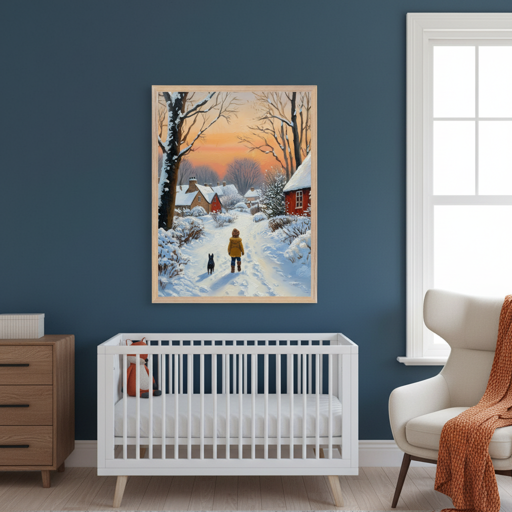 A snowy village art featuring a child and dog walking toward red-roofed cottages at sunset, displayed on a navy blue wall above a white crib. The nursery includes a wooden dresser, plush toys, and a cozy armchair with an orange throw blanket.