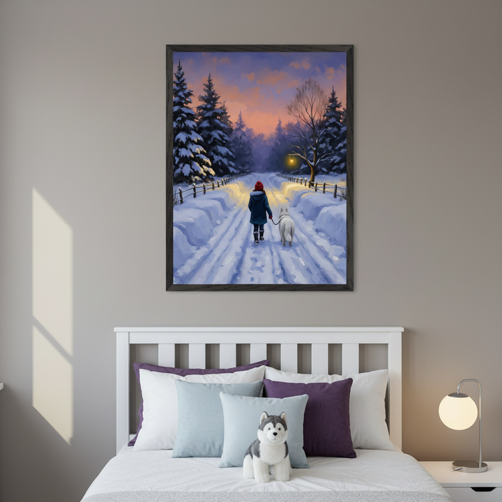 Cozy bedroom featuring a framed winter scene of a person and their dog walking on a snow-covered trail under a glowing streetlamp, with a husky plush toy placed on the bed.