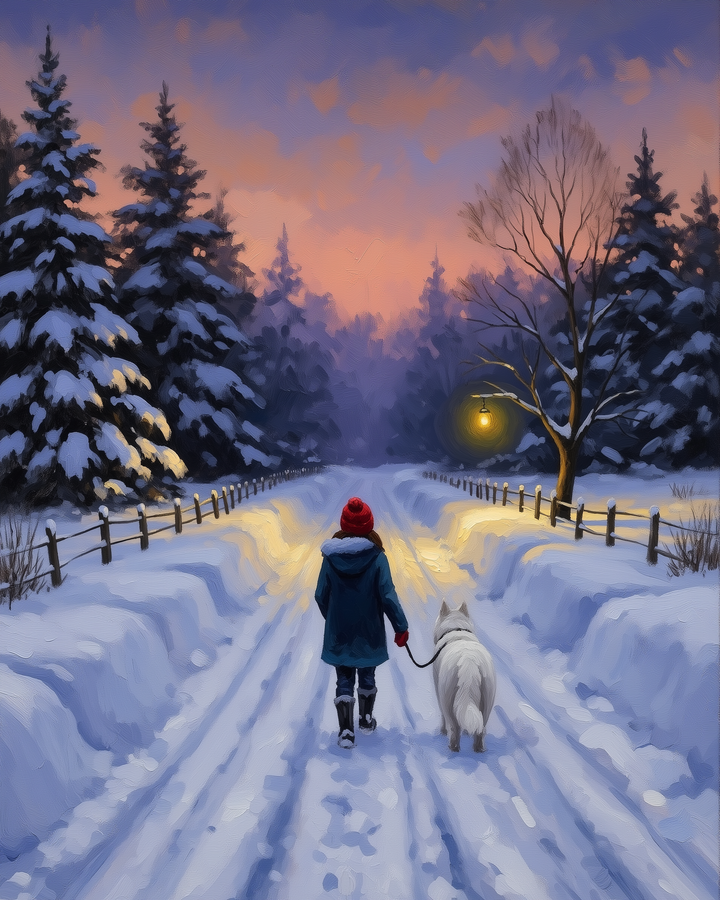 A person wearing a red hat and blue coat walks a white dog along a snow-covered path, surrounded by snow-laden trees. The sky is painted with warm hues of orange and purple, and a glowing lantern hangs from a tree, casting a cozy light.
