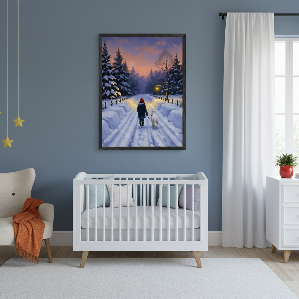 Peaceful nursery setting with a framed snowy landscape of a figure and a white dog walking under a purple and orange sky, hung above a white crib with pastel cushions and soft lighting.