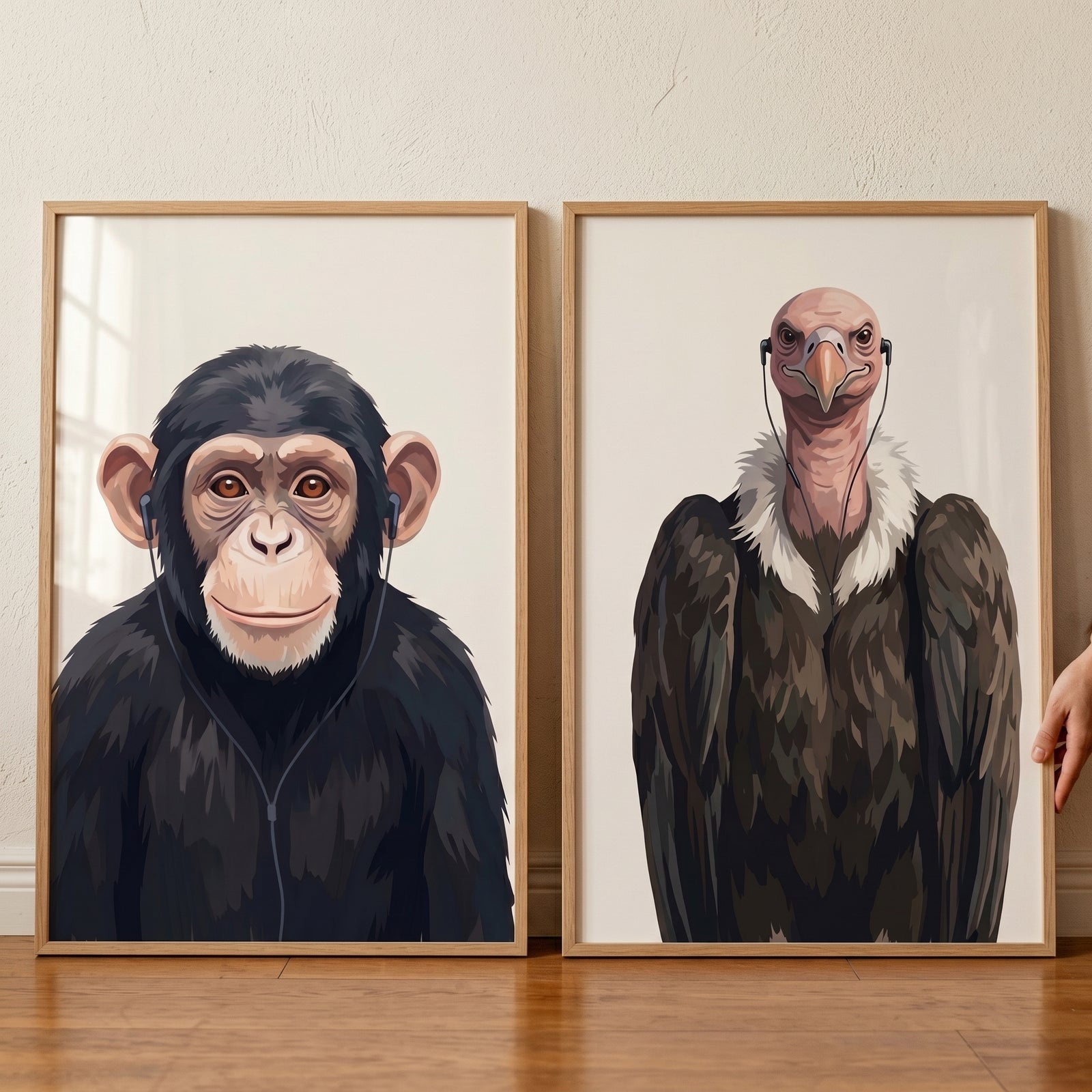 Wired earphone safari animal wall art set of 2 featuring framed illustrations of a chimpanzee and a vulture.