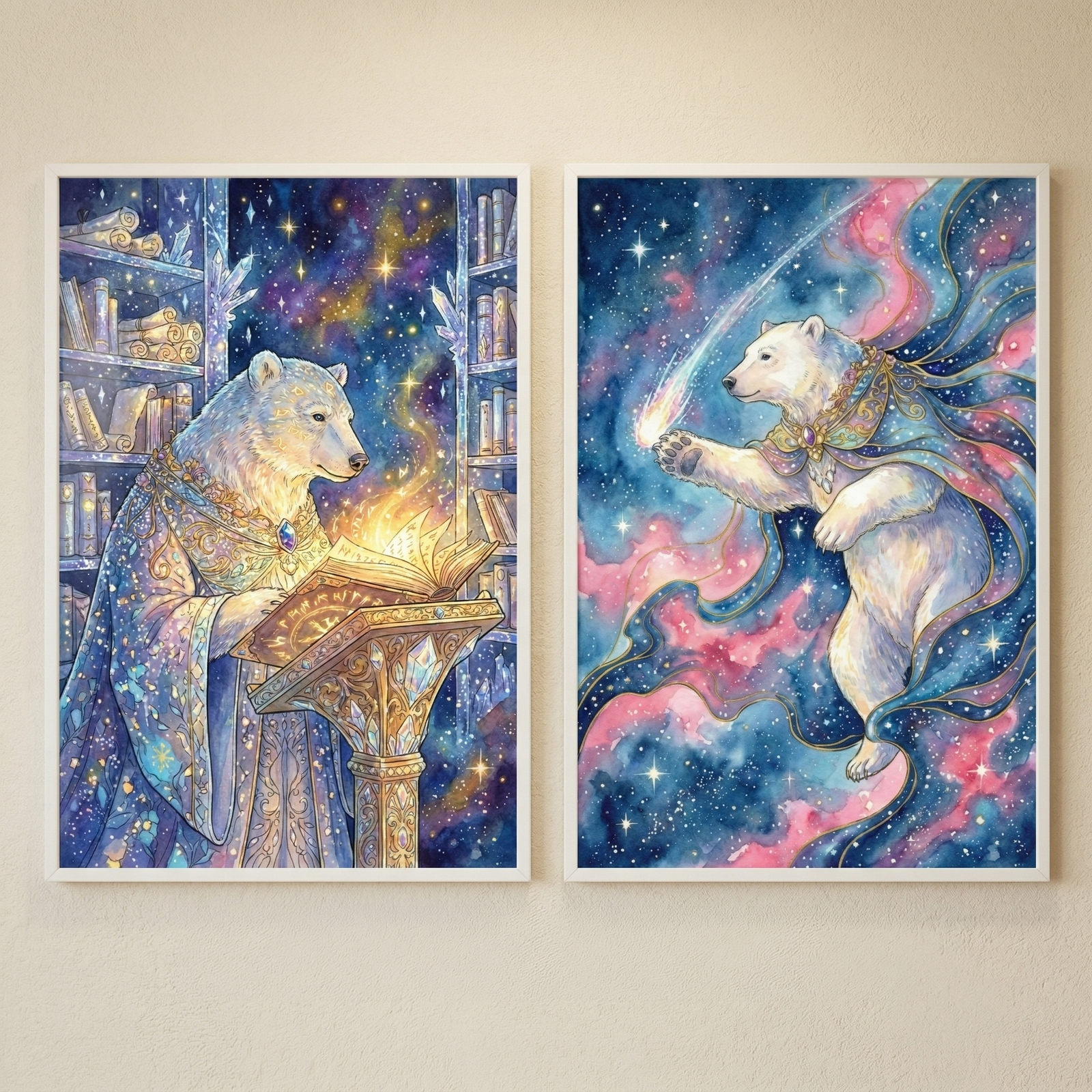 Two framed vertical prints are displayed side-by-side. On the left, a polar bear dressed in intricate celestial robes reads an illuminated book on an ornate pedestal within a magical, star-filled library. On the right, a similarly robed polar bear floats through a vibrant nebula of pink and blue, reaching towards a bright shooting star. Both illustrations feature a shimmering, cosmic aesthetic with deep blue backgrounds and golden accents.