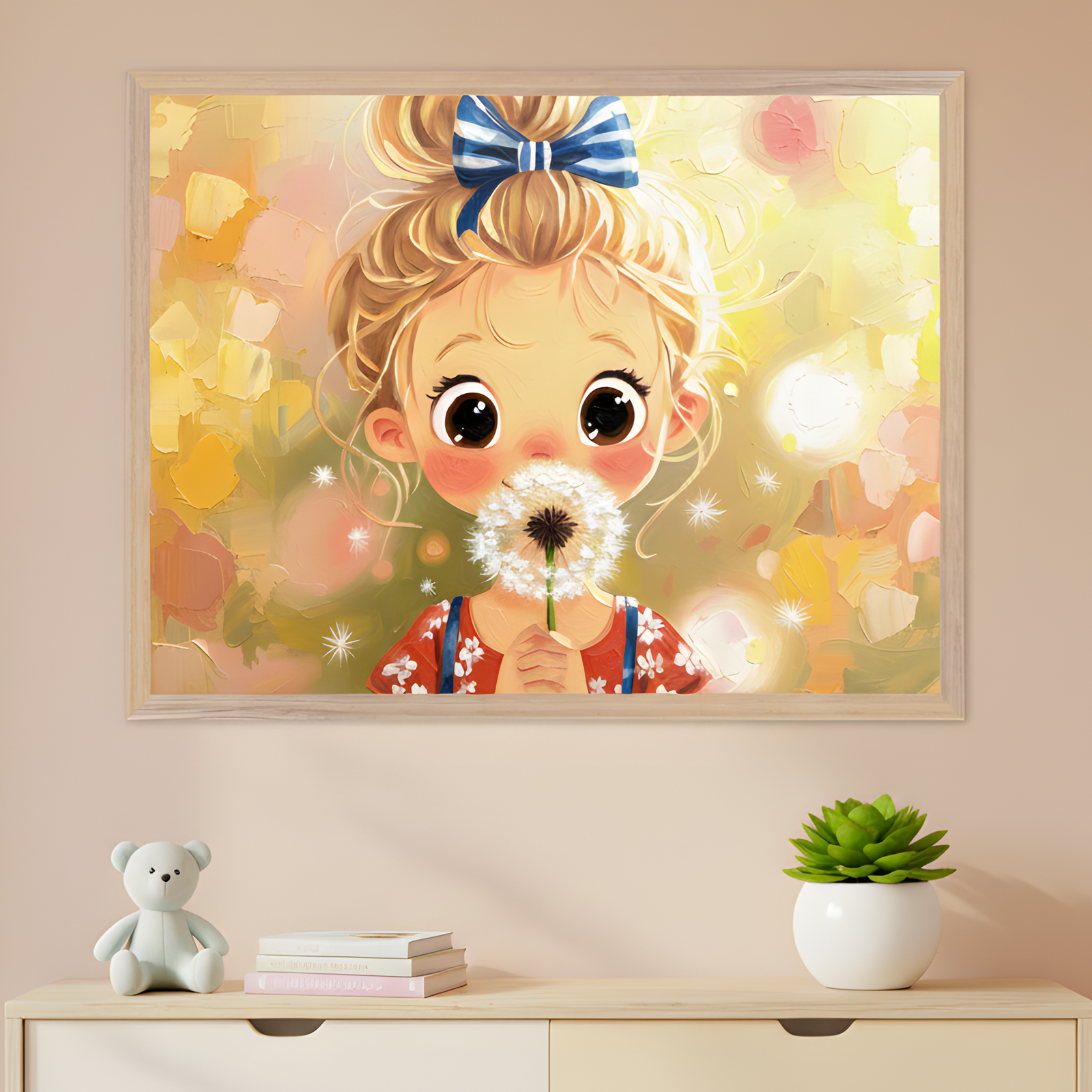 Framed illustration of a wide-eyed child with a blue bow and blonde hair blowing on a dandelion is displayed on a soft beige wall. The artwork’s warm golden tones and whimsical style create a dreamy, gentle feel above a dresser decorated with a small teddy bear, stacked books, and a potted plant.