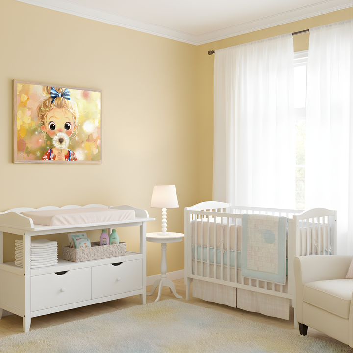 Soft and pastel nursery with cream-colored walls features a framed illustration of a child with a blue bow blowing on a dandelion, adding a whimsical touch above a white changing table. The room includes a white crib with light bedding, a cozy armchair, and a small lamp, creating a gentle and serene space for a baby.