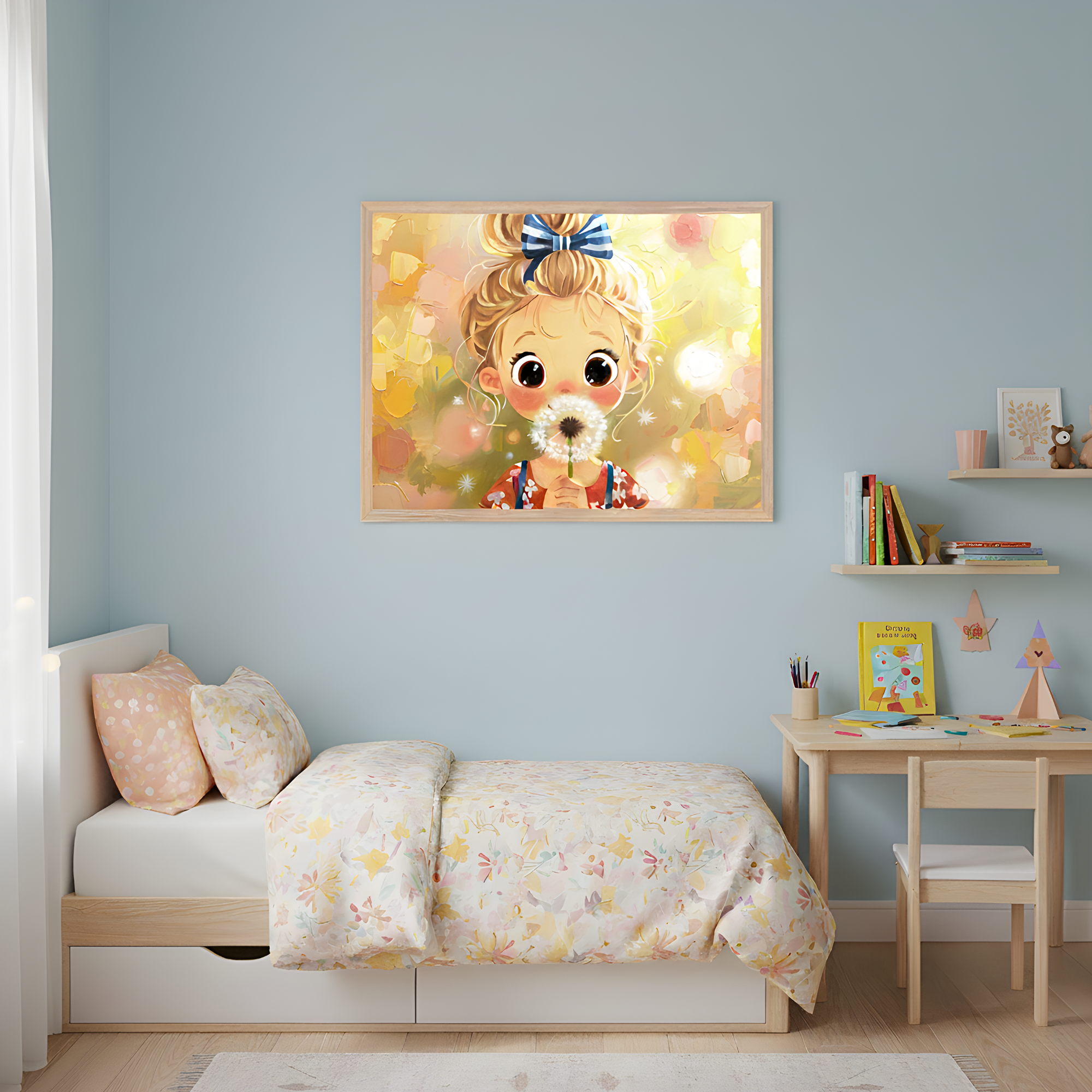 A light blue children’s bedroom features a framed illustration of a wide-eyed child with a blue bow blowing on a dandelion, adding a warm and playful touch above the bed. The space includes soft floral bedding, a small wooden desk with colorful books and crafts, and pastel accents that create a cozy and creative atmosphere.