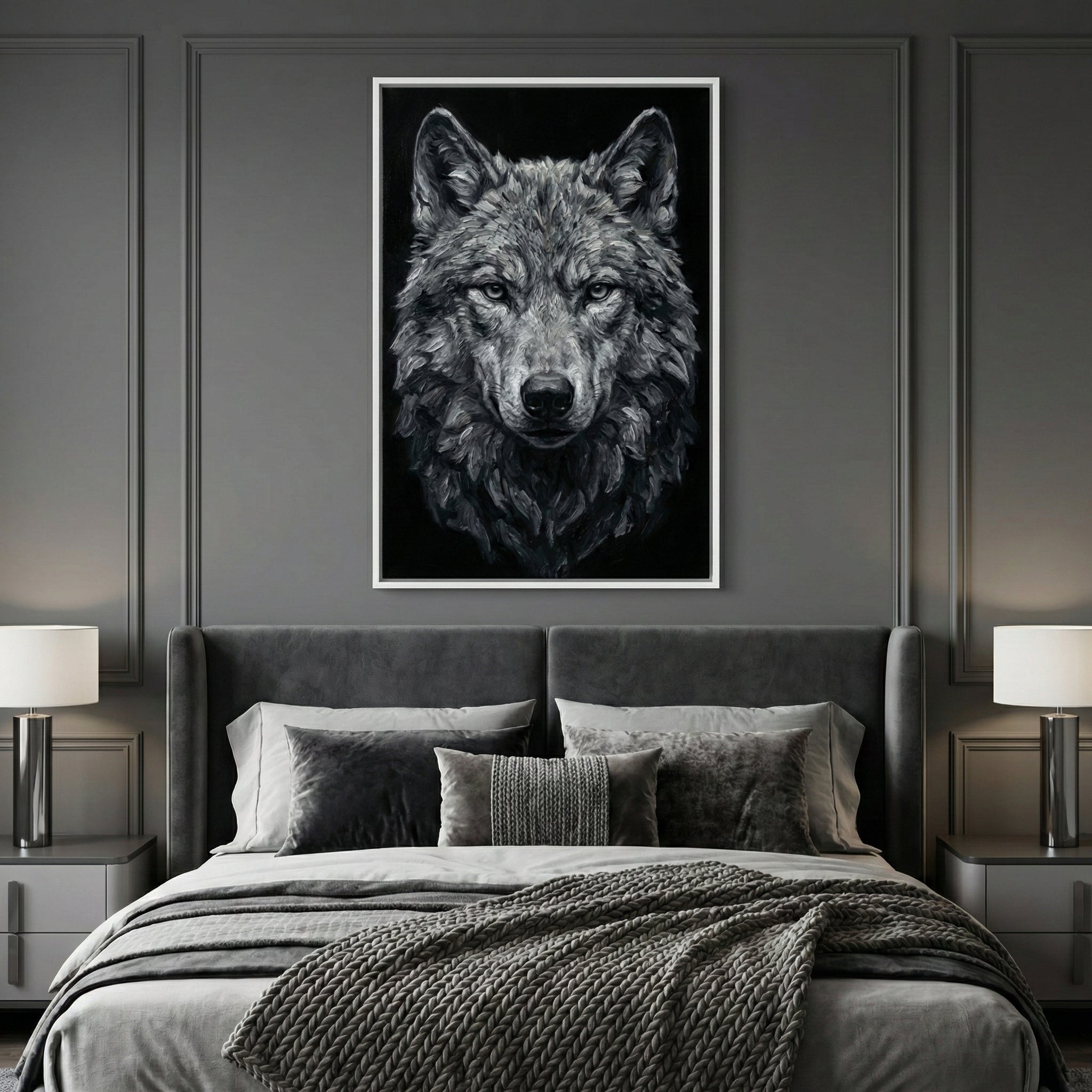 Large wolf portrait painting centered above a modern gray upholstered bed in a monochrome bedroom. The wolf’s penetrating gaze and detailed fur contrast sharply with the elegant dark wall paneling and soft, layered bedding.
