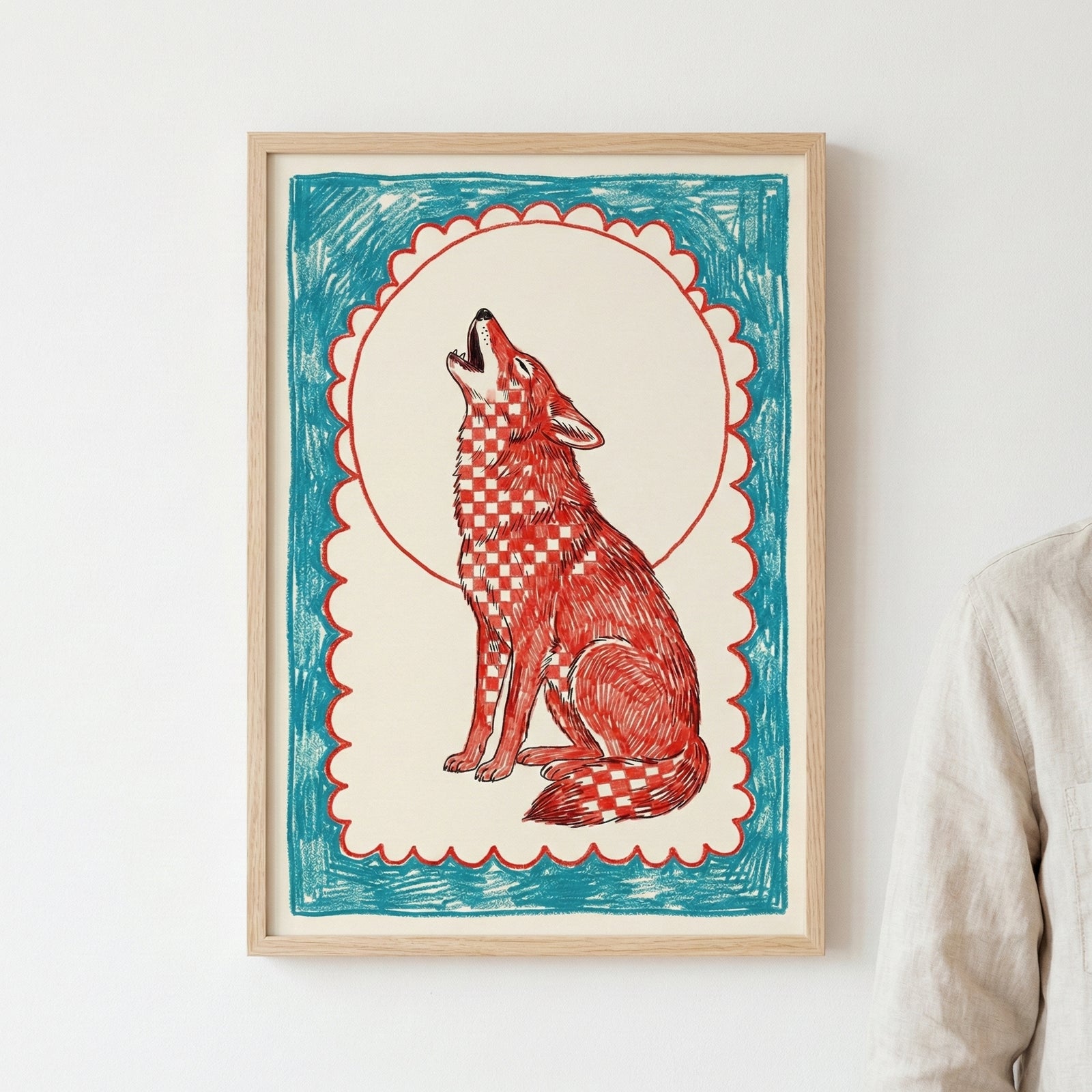 Whimsical red wolf illustration with a checkerboard pattern howling at a circle, set against a scalloped cream background with blue crayon-like border in a wooden frame.
