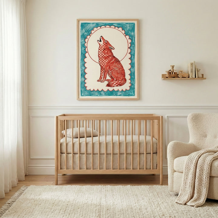 Gender-neutral nursery featuring a framed illustration of a red howling wolf above a minimalist wooden crib, surrounded by soft, natural-toned decor.