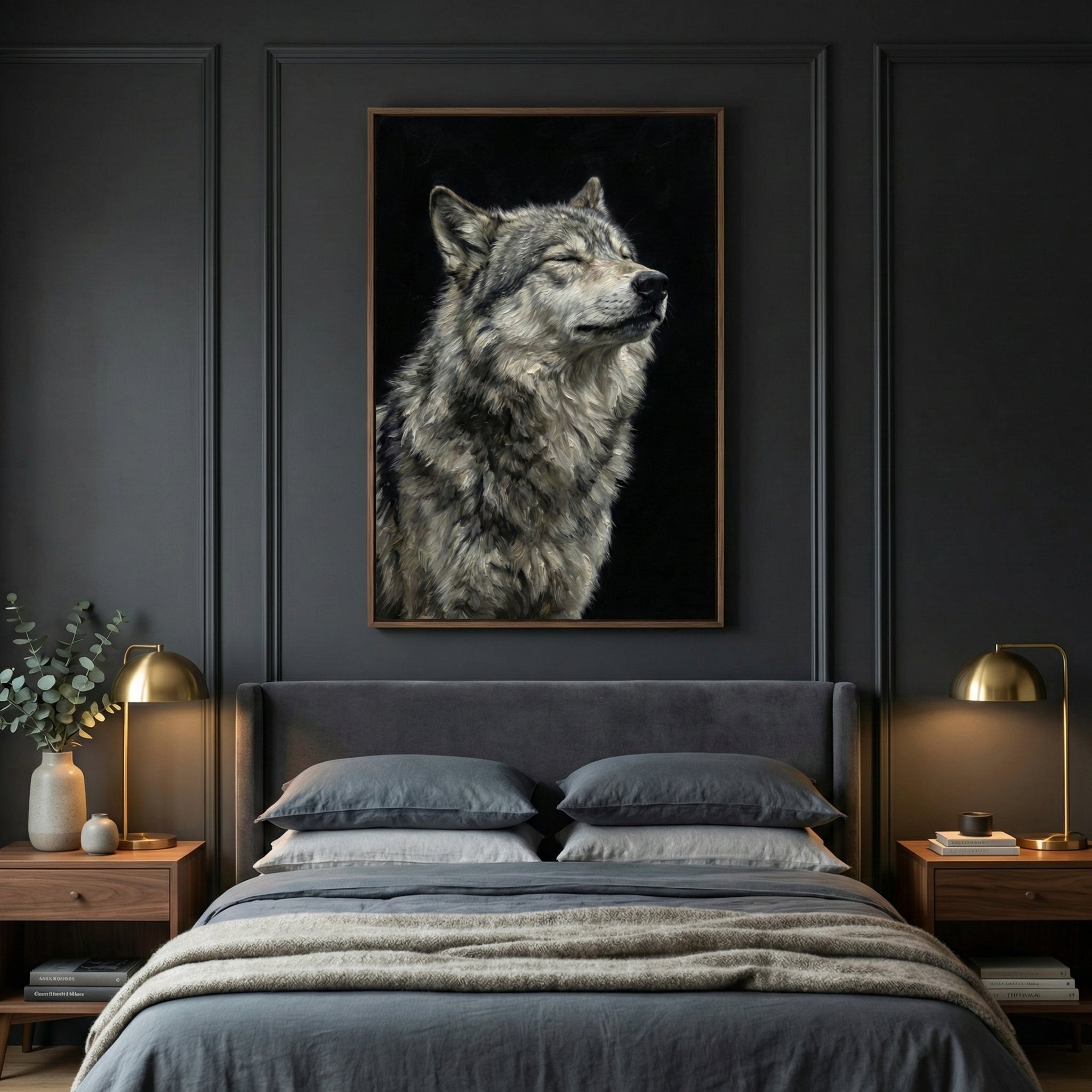 Framed wolf painting hung above a dark gray upholstered bed in a modern bedroom with moody wall paneling and warm gold lighting. The artwork adds a bold, serene touch to the minimalist decor.