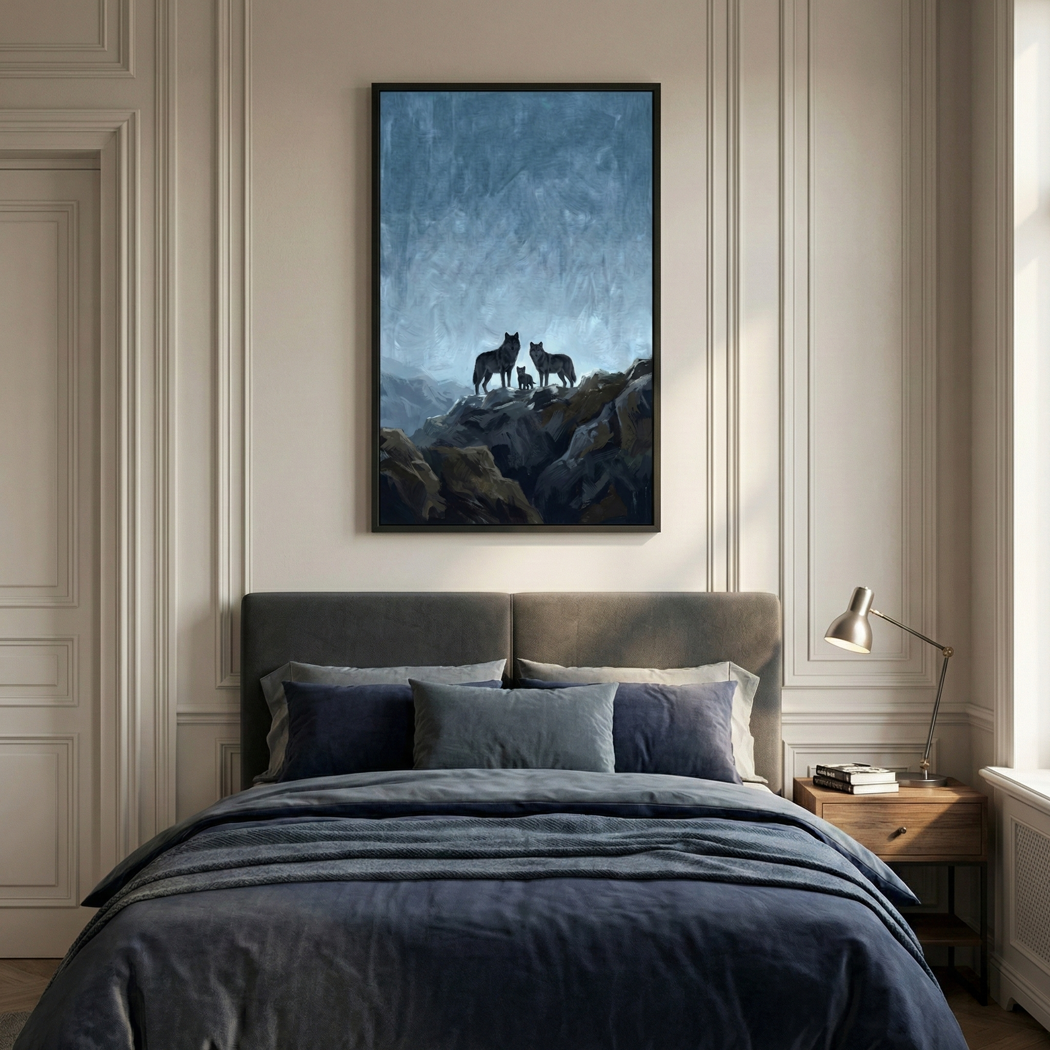 A vertical framed piece of art hangs on a light-colored wall with classic molding. The art shows three dark-furred wolves—two adults and a small pup—standing on a jagged rock under a textured, blue-grey sky. Below the art, a dark grey bed is dressed in a navy duvet and multiple pillows. A small wooden nightstand to the right holds a silver reading lamp and books. The room is filled with soft, natural light, creating a serene and modern atmosphere.
