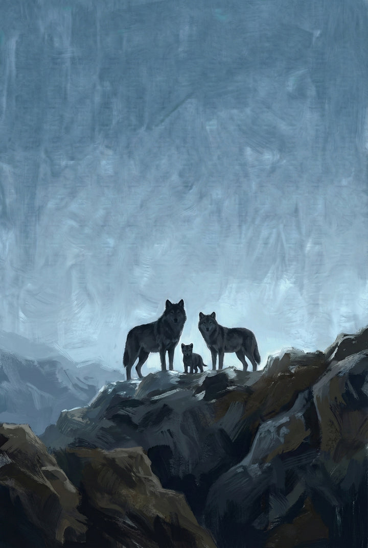 Silhouetted against a moody blue sky, two adult wolves and a pup stand atop a rocky cliff. The surrounding terrain is rugged and steep, with a painterly texture emphasizing the solitude of the wilderness.

