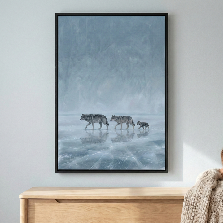 A vertical framed artwork hangs on a pale wall above a light-wood dresser. The piece depicts three wolves—two larger adults and one small pup—walking in a line across a frozen, cracked lake. Their forms are reflected on the icy surface below. The upper two-thirds of the image features a misty, textured background in shades of cool blue and grey, creating an atmospheric winter wilderness scene.