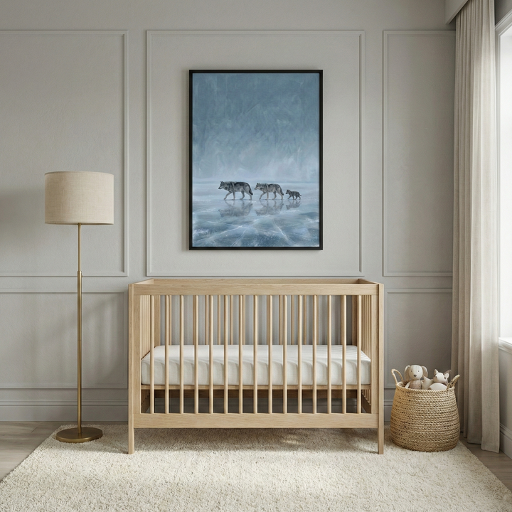 A modern nursery in neutral tones features a light wood crib with vertical slats centered against a paneled wall. Above it hangs a large framed art piece depicting a trio of wolves—two adults and a small pup—walking across a vast, icy blue landscape. To the left stands a tall floor lamp with a beige drum shade and a gold-finished base. A plush, off-white rug covers the floor, and a woven basket with stuffed animals sits nearby, completing the calm and serene atmosphere.