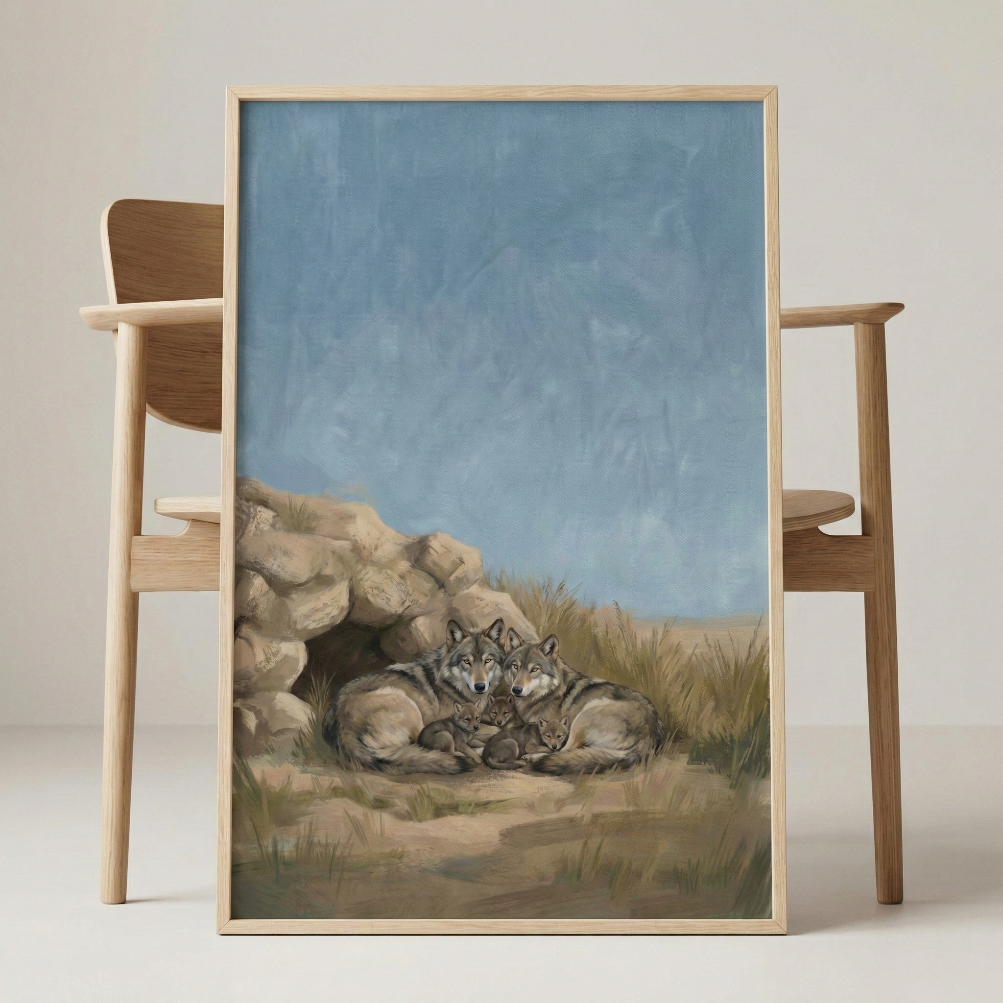 A vertical, light wood-framed artwork is shown leaning against a minimalist wooden chair. The illustration within the frame depicts a family of wolves resting together in a natural outdoor setting. Two adult wolves are curled up, with several small pups nestled safely between them. They are positioned at the entrance of a rocky den, surrounded by tall, dry grass in shades of tan and brown. The background consists of a large, open sky rendered in soft, muted blue with subtle textures. 