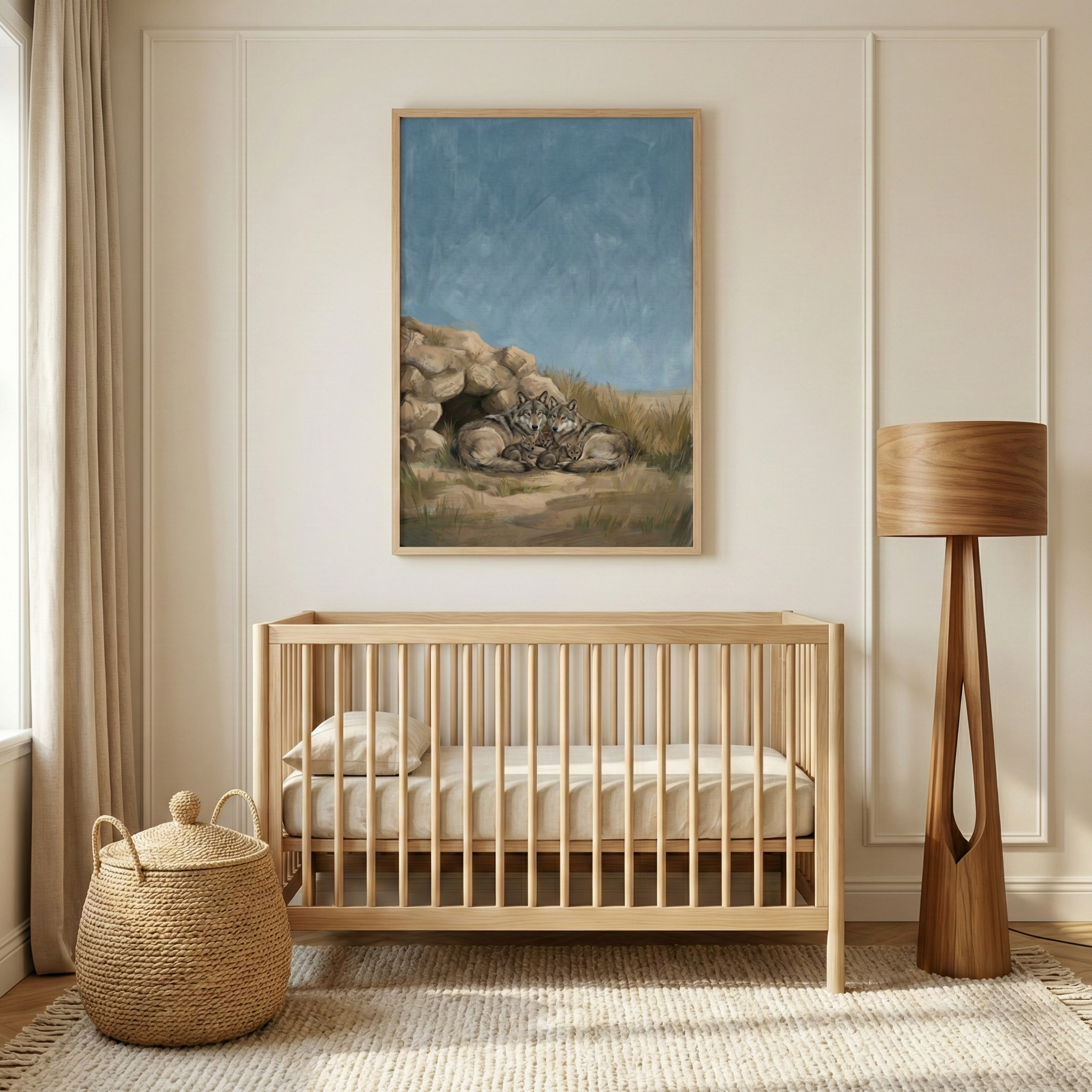 A serene nursery is decorated in neutral, earthy tones, featuring a light-colored wooden crib as the center piece. Inside the crib is a soft white mattress and a single small pillow. To the left of the crib, a large, round woven basket with a lid and small handles sits on a textured cream-colored rug. To the right, a tall, modern floor lamp crafted from wood stands with a unique tapered base and a cylindrical wooden shade.
