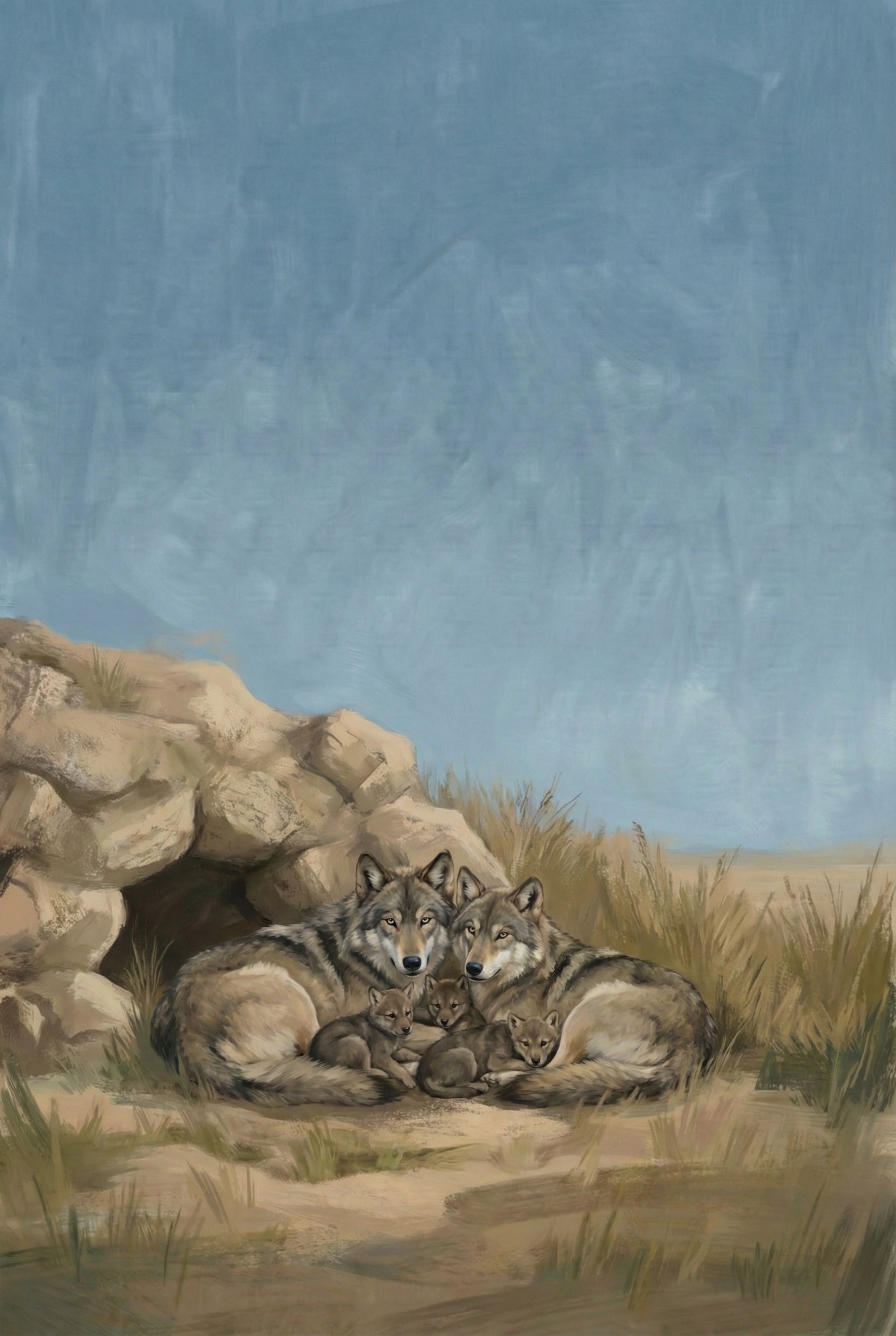 A pair of wolves lie curled protectively around their three pups outside a rocky den. The setting is a dry, grassy plain with a clear blue sky, capturing a moment of warmth and family in the wild.
