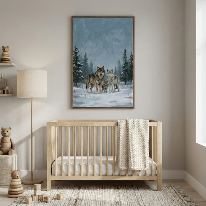 A serene nursery in neutral tones features a large framed illustration of a wolf family in a winter forest. The artwork shows two adult wolves and a pup in a snowy landscape with pine trees. Below it, a light-colored wooden crib has a cream-colored knitted blanket draped over the side. A floor lamp with a beige shade stands to the left, alongside wooden bear toys, stacking rings, and blocks on a textured rug. The room has light-colored walls and a window to the right.