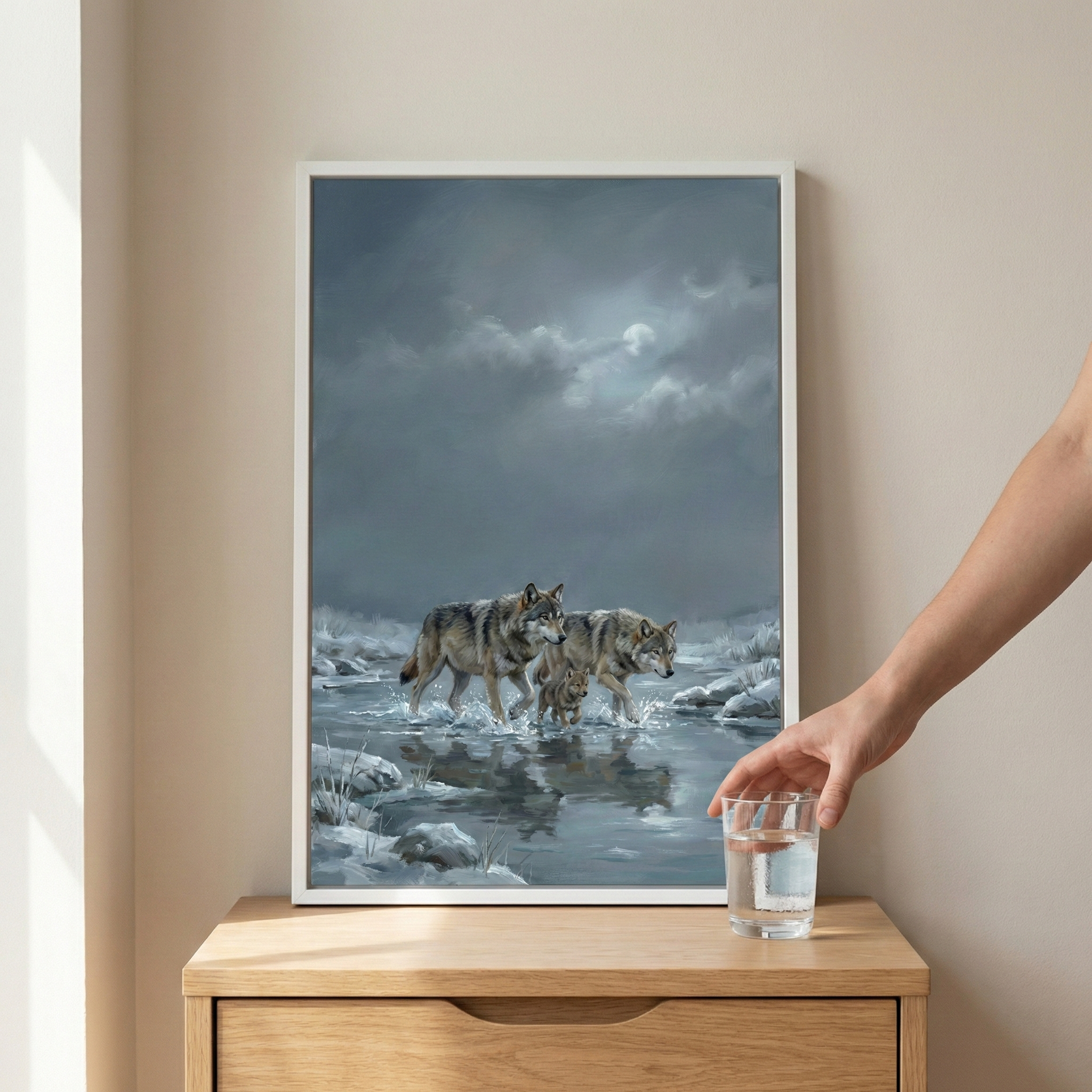 A framed artwork hangs on a light-toned wall above a wooden dresser, depicting three wolves walking through a shallow, icy stream. Two large wolves lead a smaller pup across the water, which reflects the dark, wintry sky above. The scene is set in a cold landscape with patches of snow-covered ground and a full moon peeking through heavy clouds. To the right, a person's hand reaches for a glass of water resting on the wooden surface, while soft light from the left illuminates the scene.