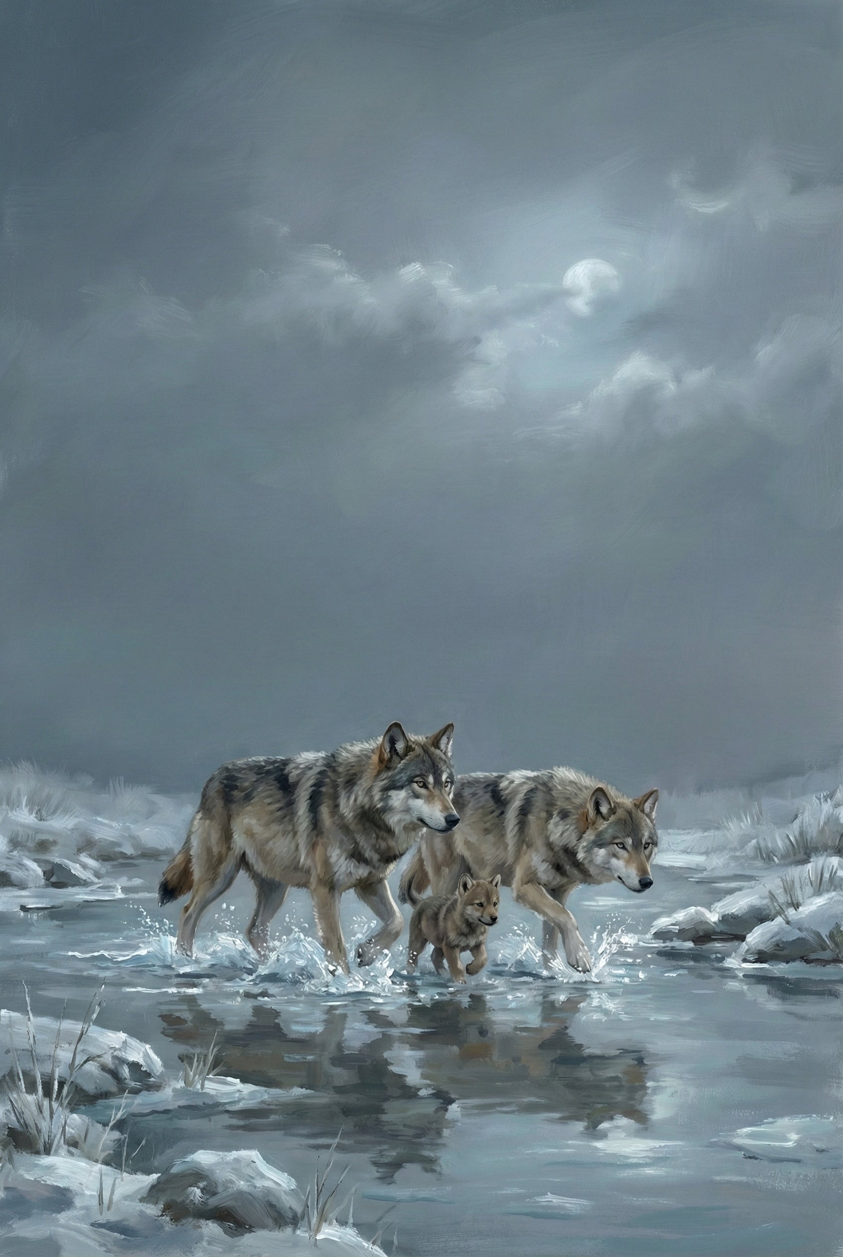 Under a cloudy moonlit sky, a wolf family crosses a shallow, icy stream. The water splashes under their paws, and their movement is captured with lifelike realism and gentle reflections.

