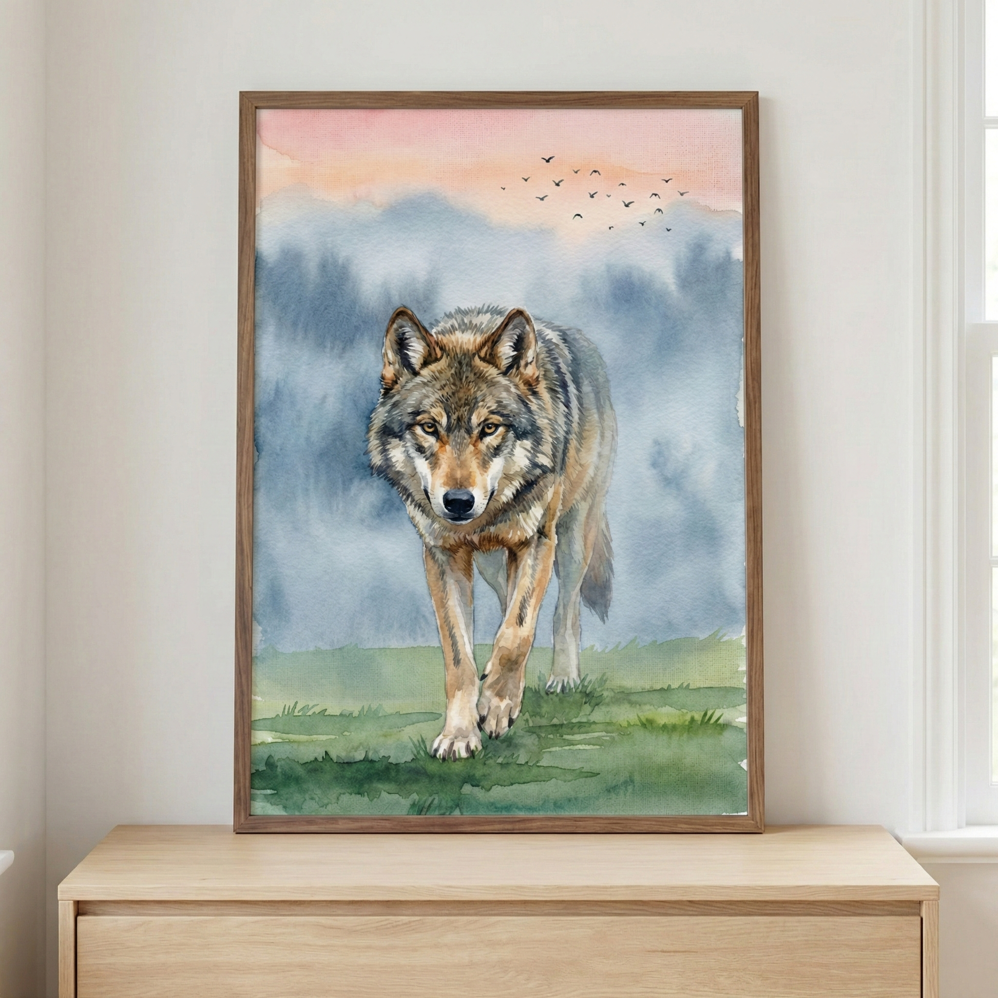 A vertical watercolor-style illustration of a wolf walking forward through a grassy field. The wolf has detailed fur in shades of brown, grey, and tan, and it looks directly at the viewer. Behind the wolf, misty blue and grey hills or forests rise into a soft pink and orange sky where a small flock of birds is in flight. The artwork is housed in a thin brown wooden frame and sits on a light-colored wooden dresser against a plain white wall.