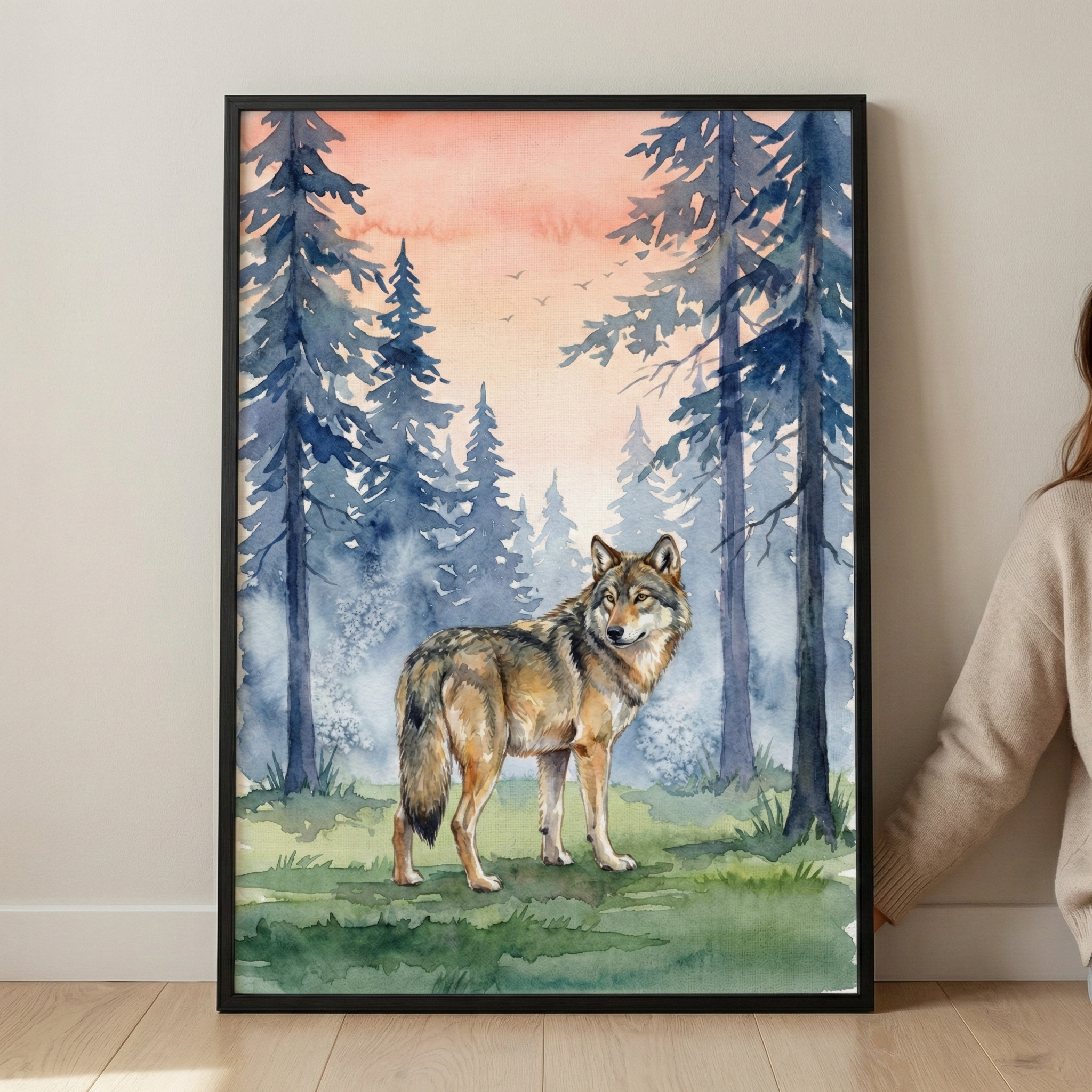 A vertical framed watercolor illustration featuring a solitary wolf standing in a misty forest. The wolf has detailed fur in shades of brown, tan, and gray, looking back over its shoulder. Behind the animal, tall blue-toned pine trees rise into a soft pink and orange gradient sky. Small silhouettes of birds fly in the distant sky. The foreground shows green grass with delicate brushstrokes. The artwork is set in a thin black frame, leaning against a white wall on a light wood floor.