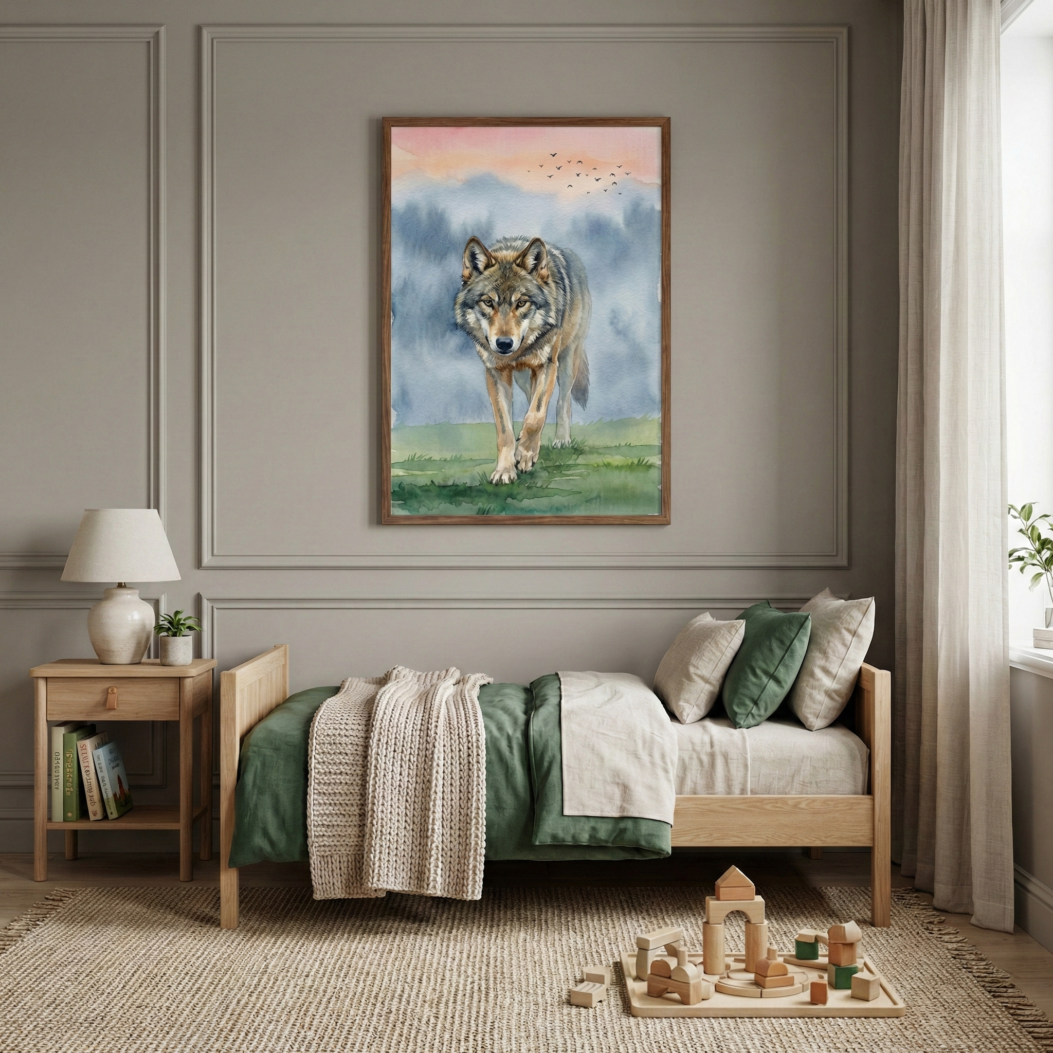A child's bedroom with light gray paneled walls features a light wooden bed and matching nightstand. Above the bed hangs a framed watercolor-style artwork of a wolf walking in a misty landscape under a soft pink sky. The bed has green and beige bedding with a textured throw. A cream lamp and books sit on the nightstand. In the foreground, wooden building blocks are on a neutral woven rug. A window with white curtains lets in soft light from the side.
