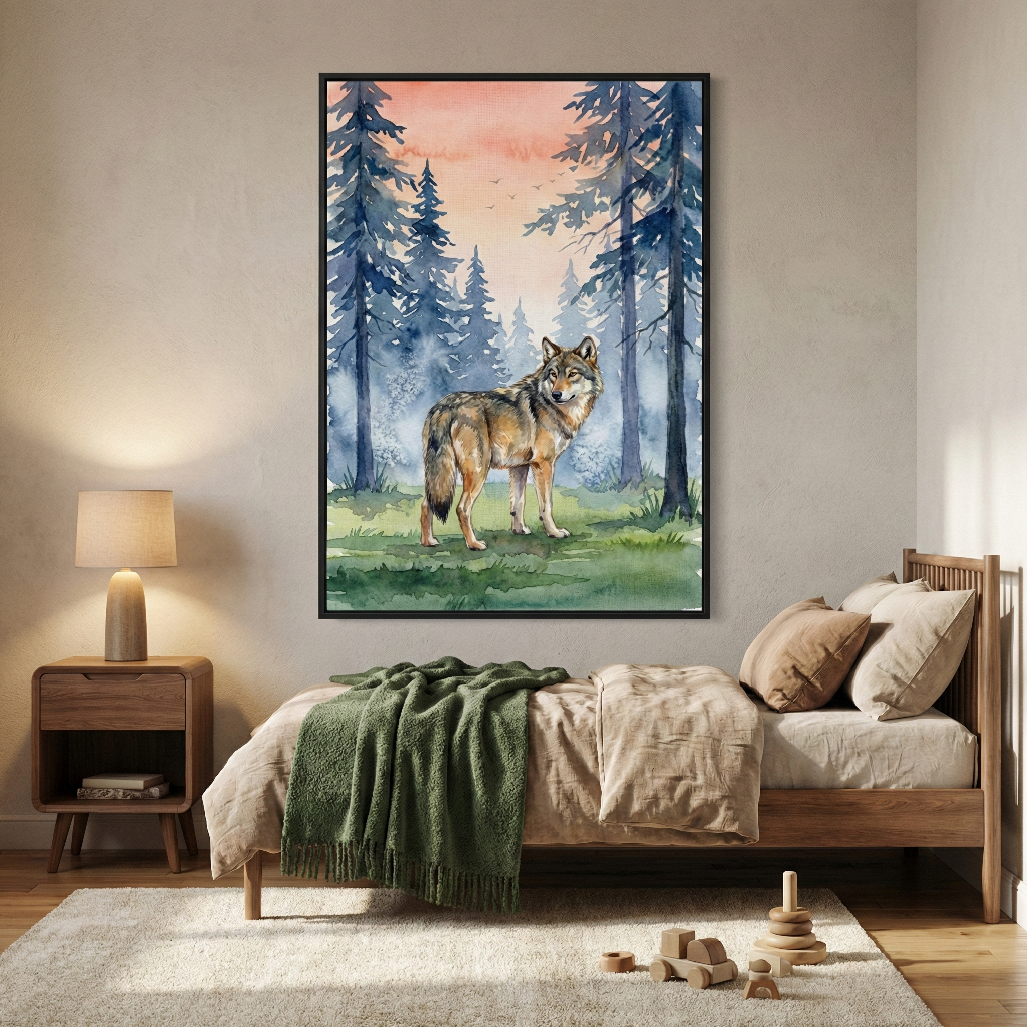 A large framed piece of artwork hangs on a bedroom wall, featuring a watercolor-style illustration of a wolf standing in a forest of blue pine trees under a soft orange sky. Below the wall art, a light wood bed is dressed in tan linens with a dark green textured blanket at the foot. A matching wooden nightstand with a simple lamp sits to the left. On the cream rug are various small wooden toys, creating a peaceful and natural-themed room.