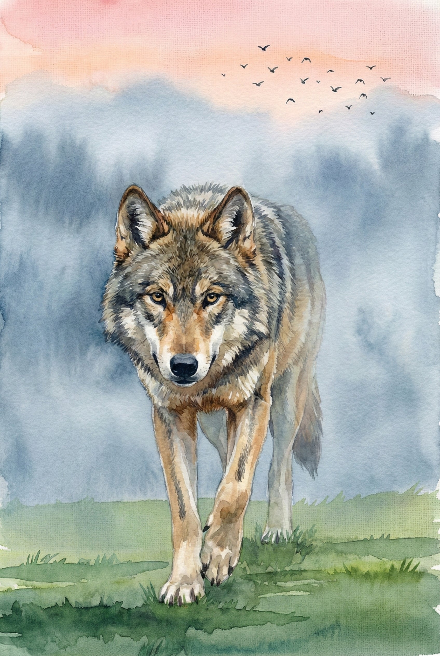 Watercolor illustration of a wolf walking forward across green grass with misty blue mountains behind it. A flock of birds flies across the pink tinged sky above. The direct gaze and forward movement create a sense of presence and quiet intensity.

