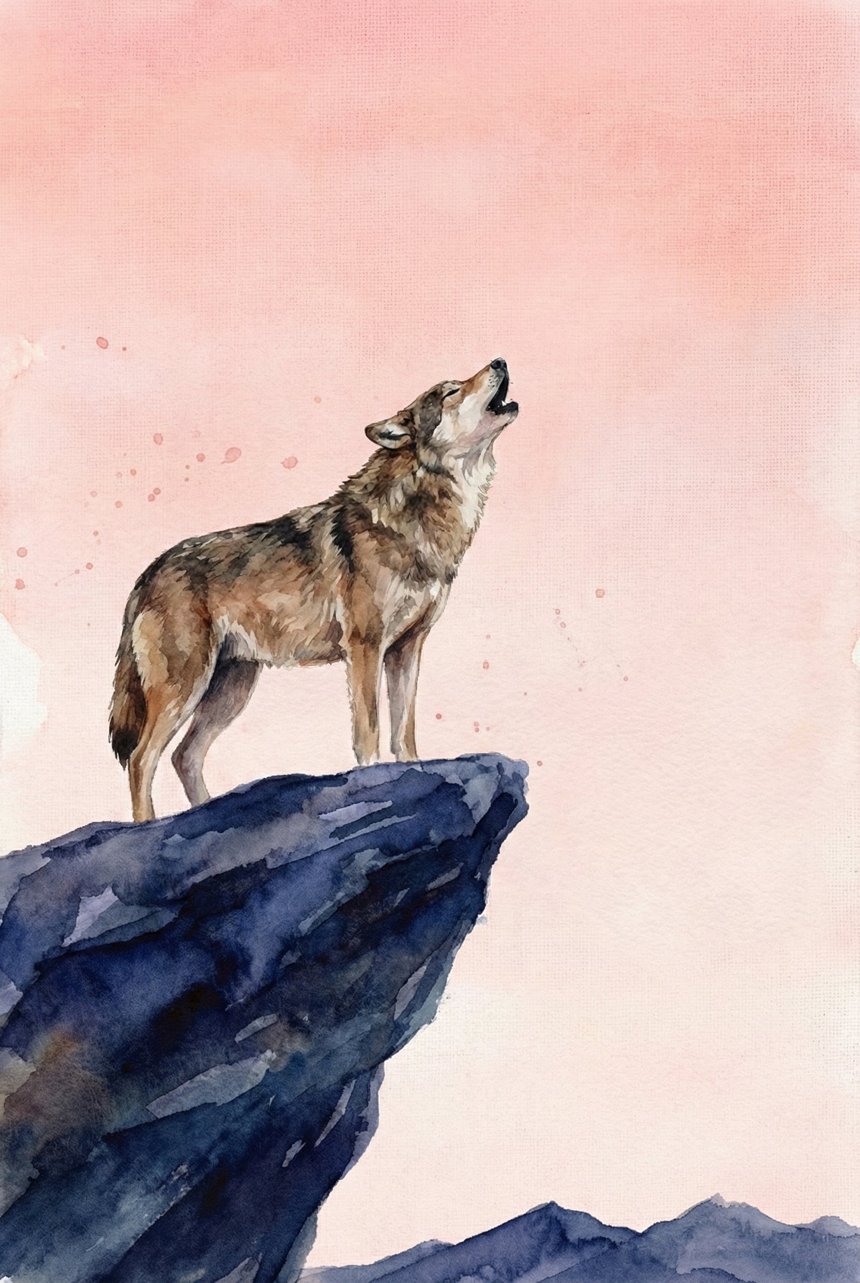 Watercolor illustration of a wolf standing on a dark rocky cliff with its head lifted as if howling. The background is a pale pink sky fading into distant blue mountains. The elevated stance highlights the wolf’s call echoing across the landscape.

