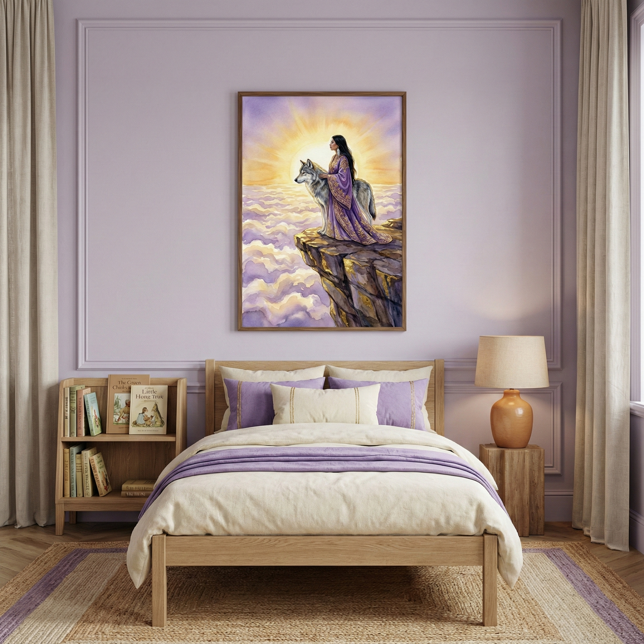 A serene bedroom with lavender walls features a light wood bed. Above it, a framed artwork depicts a woman in a purple robe and a wolf on a cliff, looking out over sunlit clouds. The bed has cream and purple linens. To the left is a small wooden bookshelf, and to the right, a wooden side table with a lamp. Long cream curtains flank the scene, and a textured rug with purple accents covers the floor. The overall aesthetic is calm and coordinated.